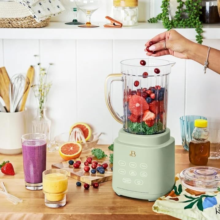 Beautiful PowerExact Blender System, Sage Green Icing by Drew Barrymore – 700 W Motor, PrecisionSense, Touch Display, 50 oz Tritan Pitcher + 20 oz Cup with No-Drippy Sippy Lid (White)