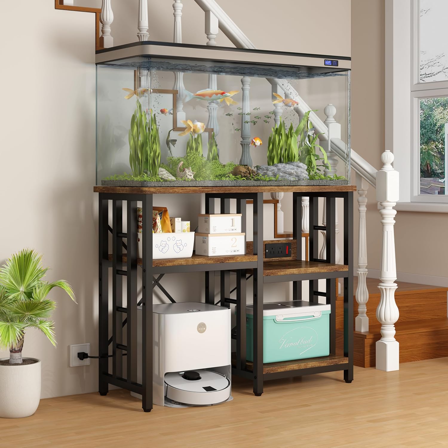 4-Tier Kitchen Baker's Rack with Power Outlet, Mini Fridge & Microwave Oven Stand Table, 5 Tiers Coffee Bar Table, 20-29-37 Gallon Fish Tank Stand, Kitchen Organizer Shelf for Spices, Pots and Pans.