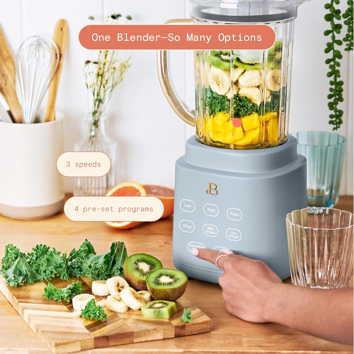 B'eautiful PowerExact High-Performance 700-Watt Blender by Drew Barrymore, 50-Ounce Pitcher, Stainless 4-Tip Blade, 3 Speeds + 4 Presets, Dishwasher-Safe Parts, Travel Cup Included (Cornflower Blue)