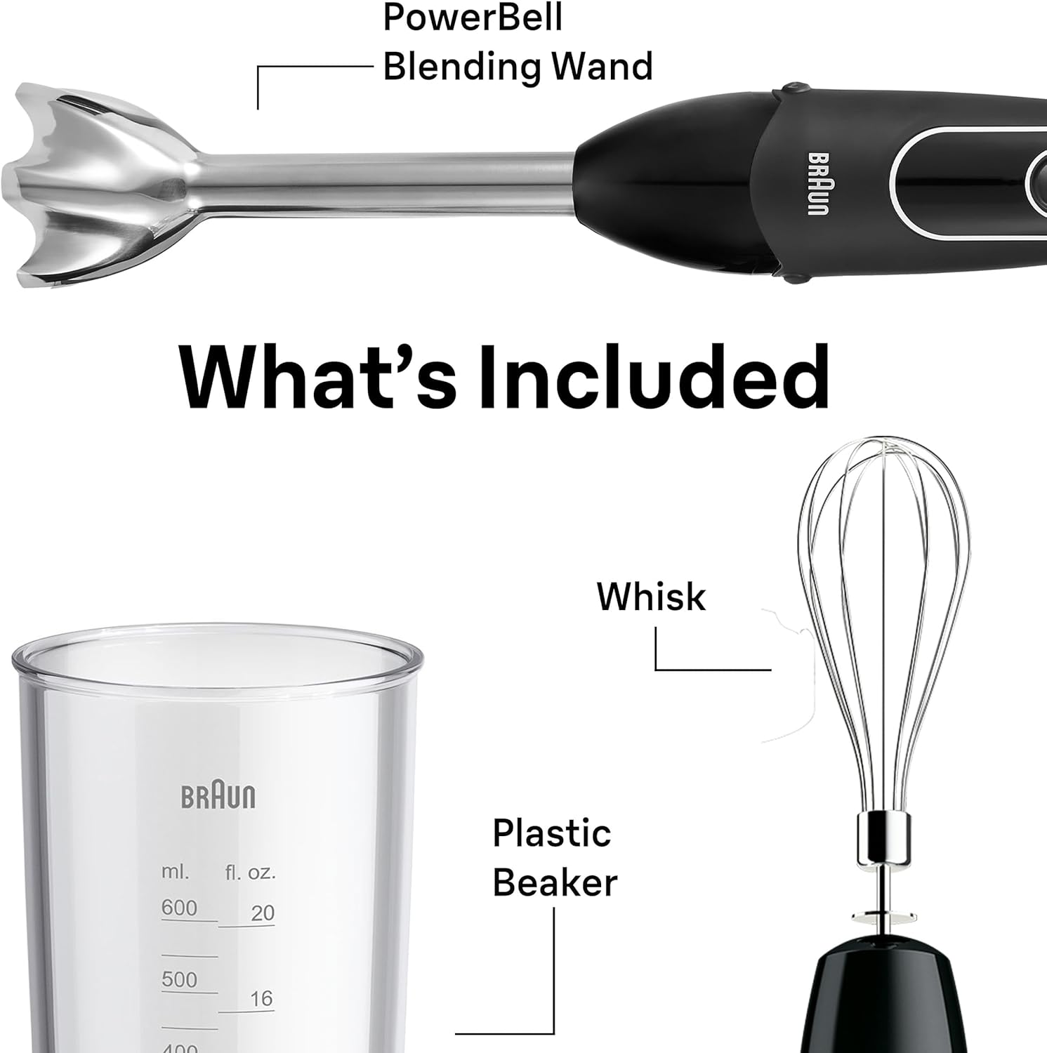Braun MultiQuick 5 Immersion Hand Blender with Dual Speed + Turbo and Patented Technology, 350W - Includes Beaker and Whisk, Black, MQ505