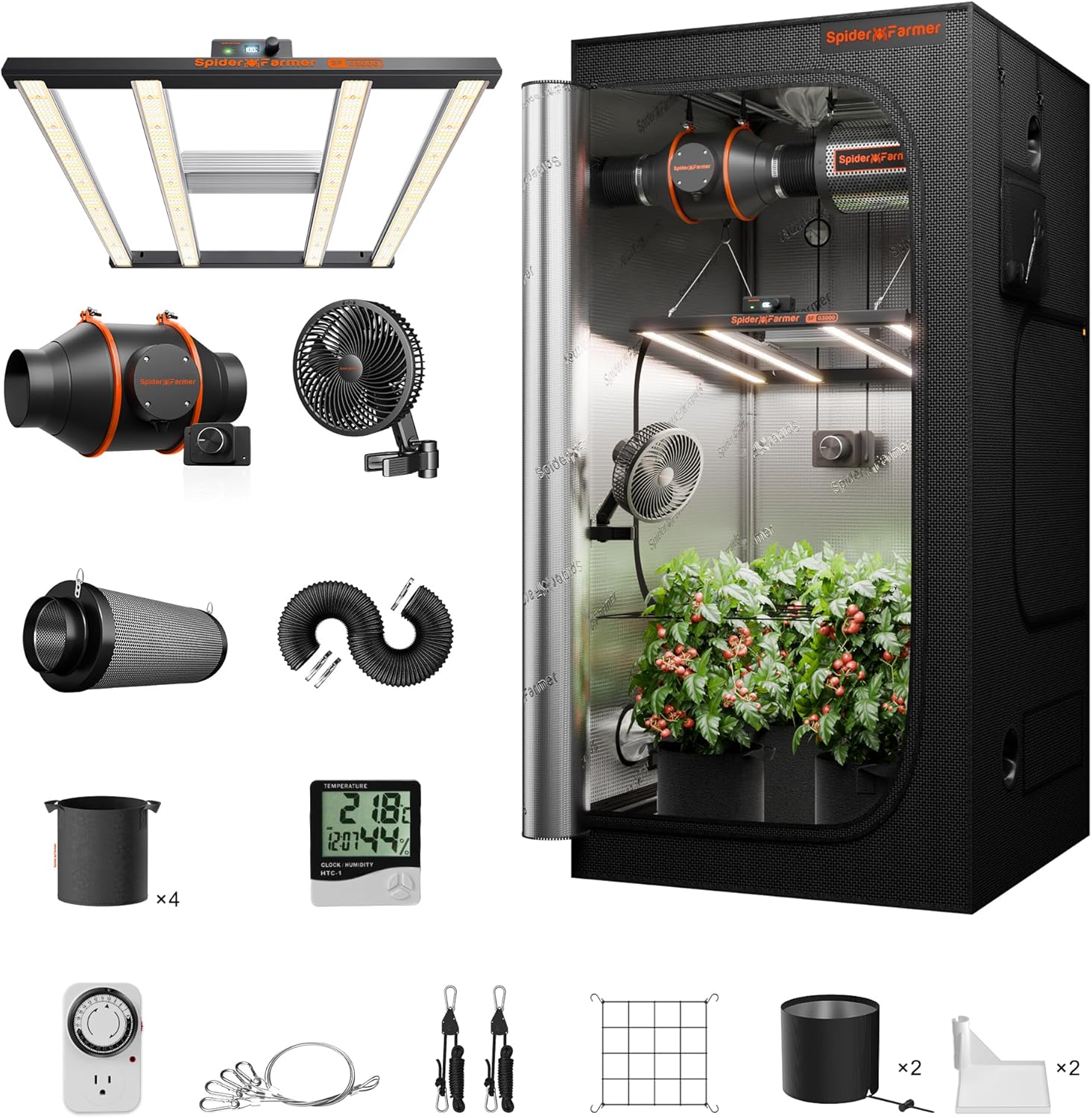 Spider Farmer Grow Tent Kit Complete 3x3x6ft G3000 Bar Style LED Grow Light Full Spectrum Ventilation System 36