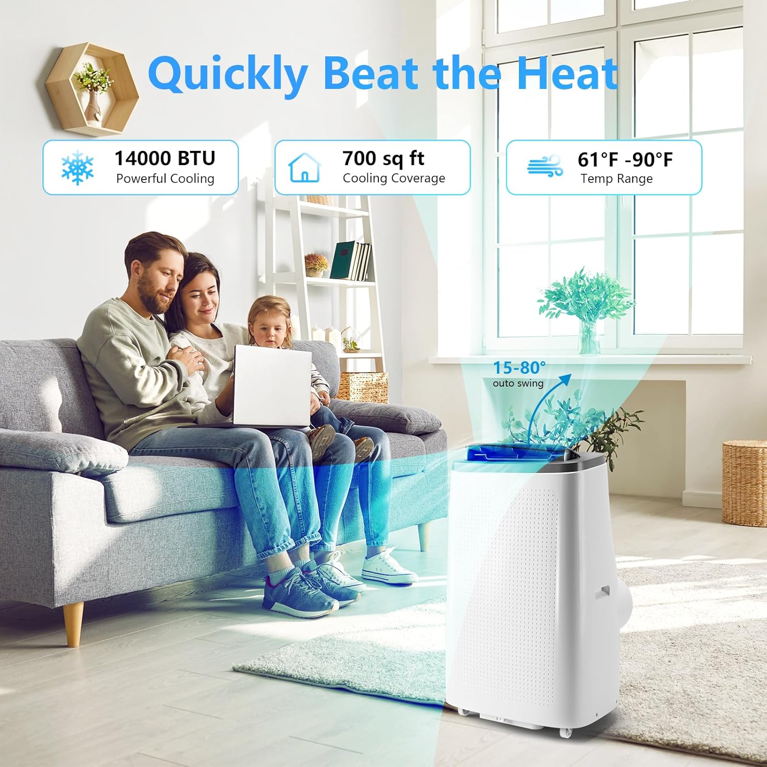 14000Btu Portable Air Conditioner with Remote Control,Quiet AC Unit with Cool, Dehumidifier & Fan Mode Room Cooling Up to 700 sq ft,24 Hour Timer, Window Installation Kit for Home, White