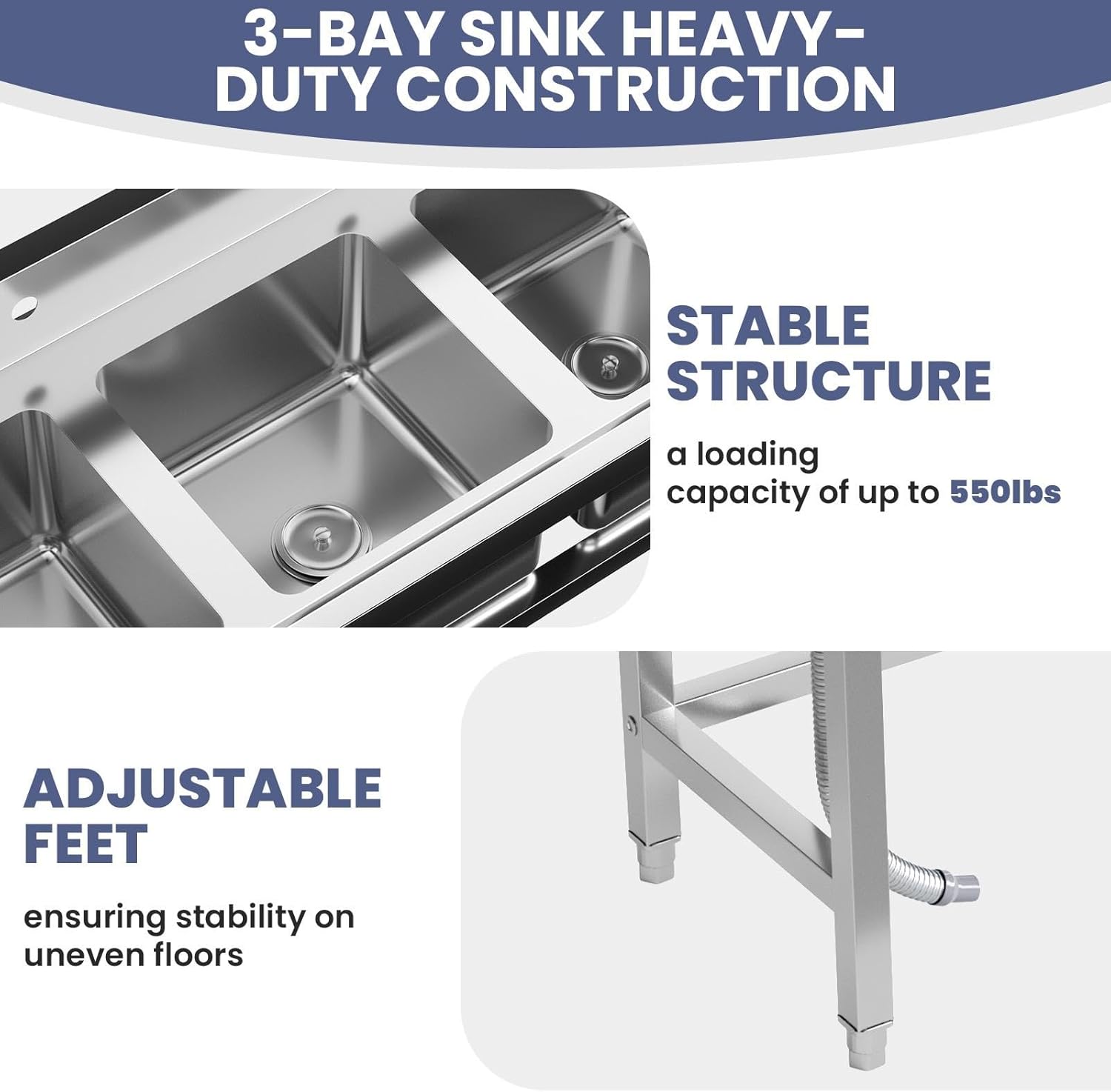 51'' Triple Bowl Stainless Steel Sink, Free-Standing Kitchen Appliances Sink with Hose Hook Up, Commercial Slop Sinks for Farmhouse, Outdoor, Laundry Room & Garage (Triple Bowl)