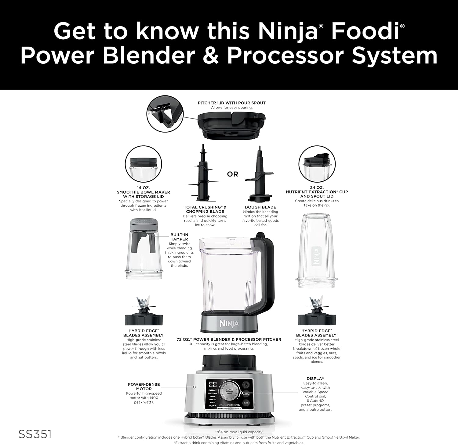 Ninja Foodi Power Blender & Processor System with Smoothie Bowl Maker and Nutrient Extractor, Black/Silver (SS351C) - Canadian Edition 72oz