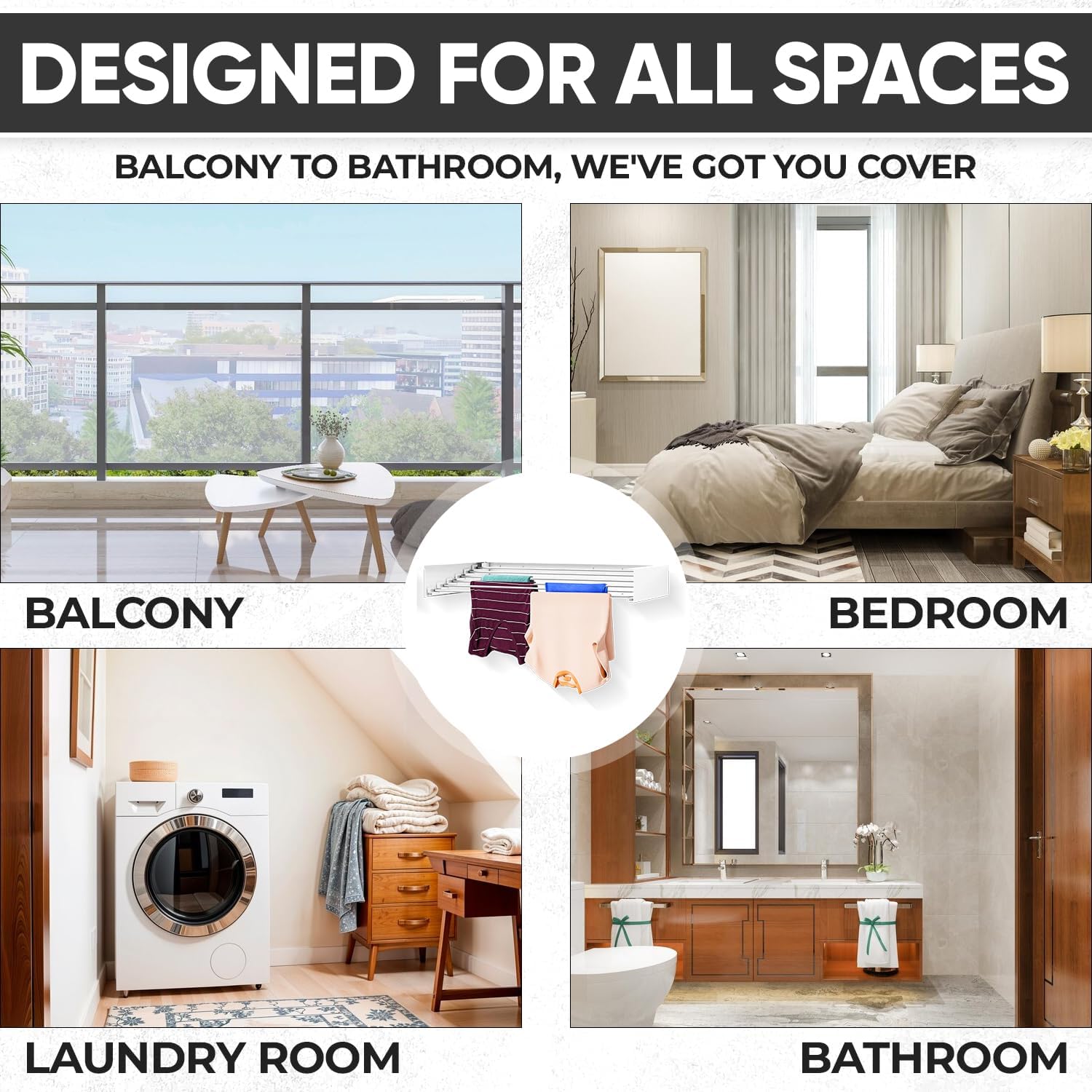 Wall Mounted Laundry Drying Rack, Retractable Clothes Drying Rack, 6 Rods Towel Drying Rack with Wall Template for Installation, Magnetic Dryer Ball Holder with Dryer Balls, White