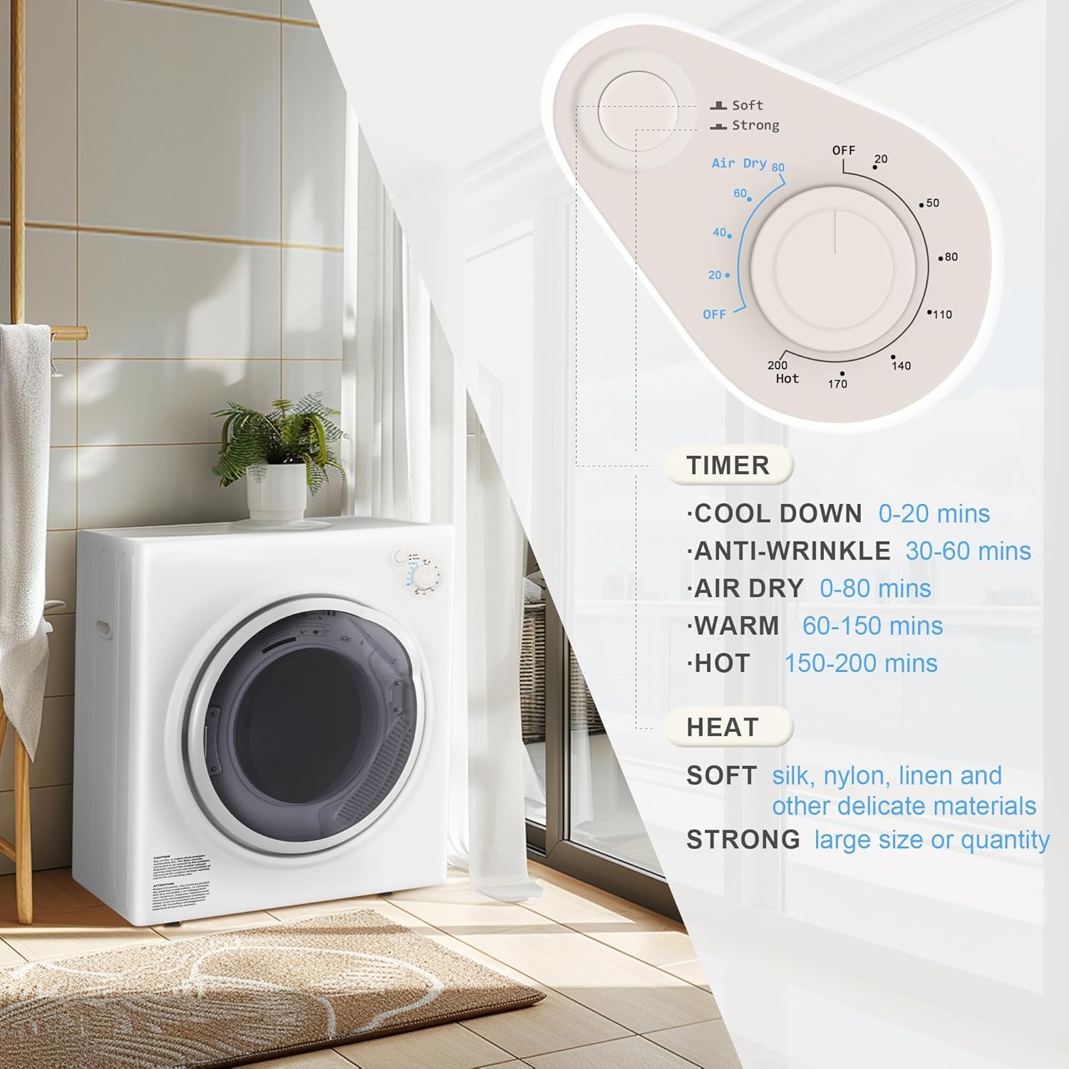 Elevon 1500W Portable Clothes Dryer, 3.5 cu.ft Electric Drying Machine for Laundry with Steel Tub for Apartment, Dorms, Compact Dryer for Small Space, Black/White