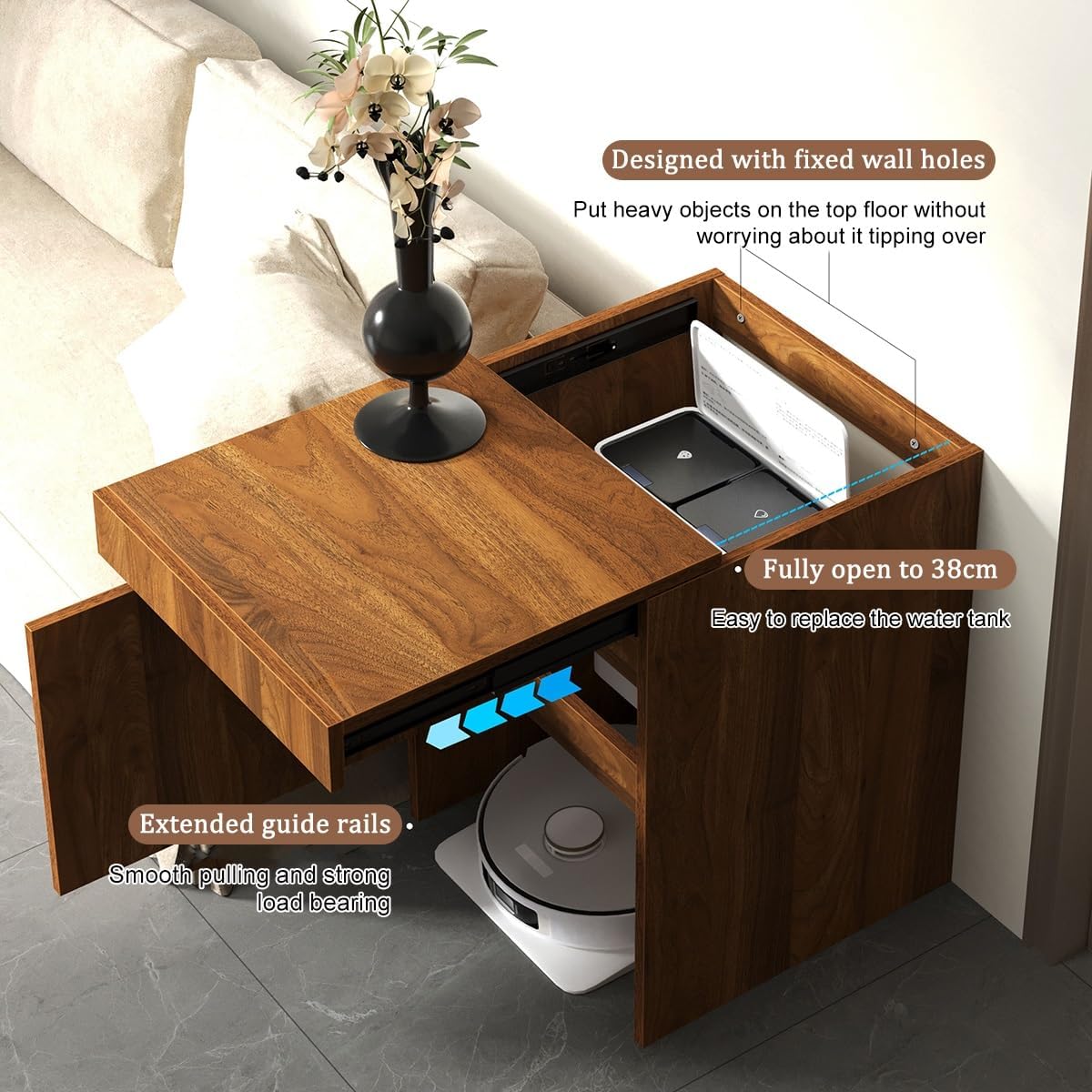 Robot Vacuum Stand Cabinet,Storage Cabinet with Doors for Robot Vacuum Cleaner,End Side Table for Home Office,Wood Freestanding Rack for Living Room Home Office Kitchen(Brown)