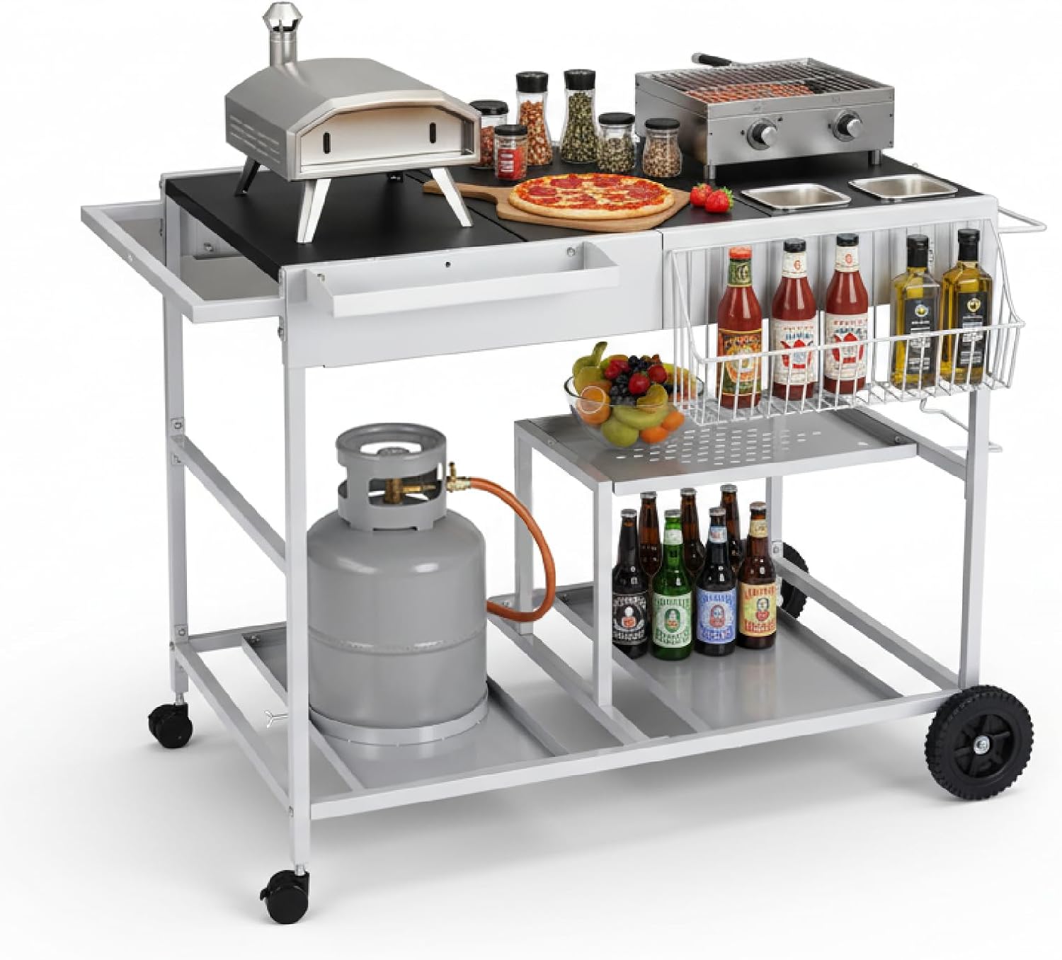 VINGLI Pizza Oven Grill Table Cart, Movable Food Prep Cart with Pizza Topping Station, Seasoning Boxes, Gas Bottle Space, Outdoor Table Stand for Griddle, Patio, Home, Parties