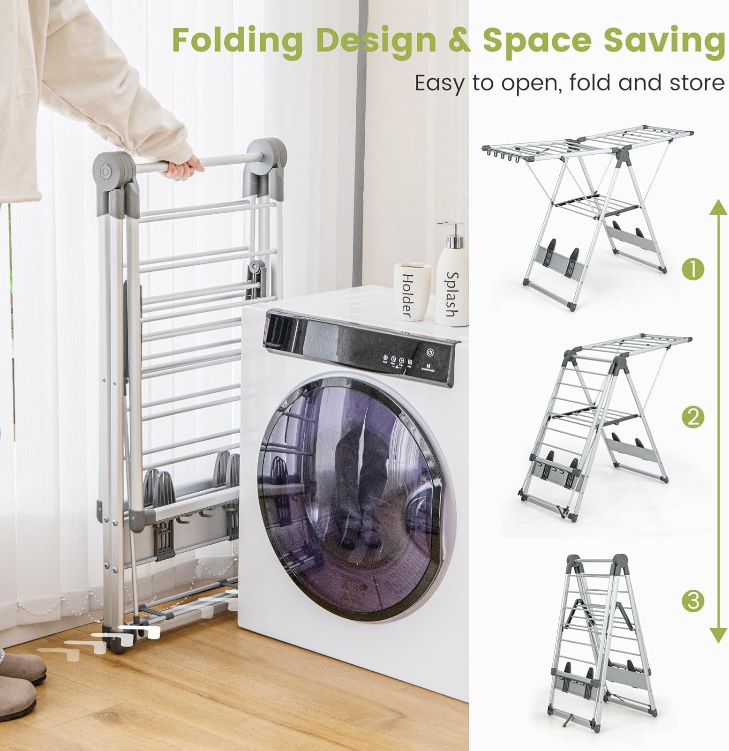 Nightcore Foldable Clothes Drying Rack, 2-Level Large Collapsible Laundry Drying Rack, Clothes Drying Rack with Height Adjustable Wings, Aluminum Drying Rack Clothing for Indoor Outdoor（Silver + Grey）