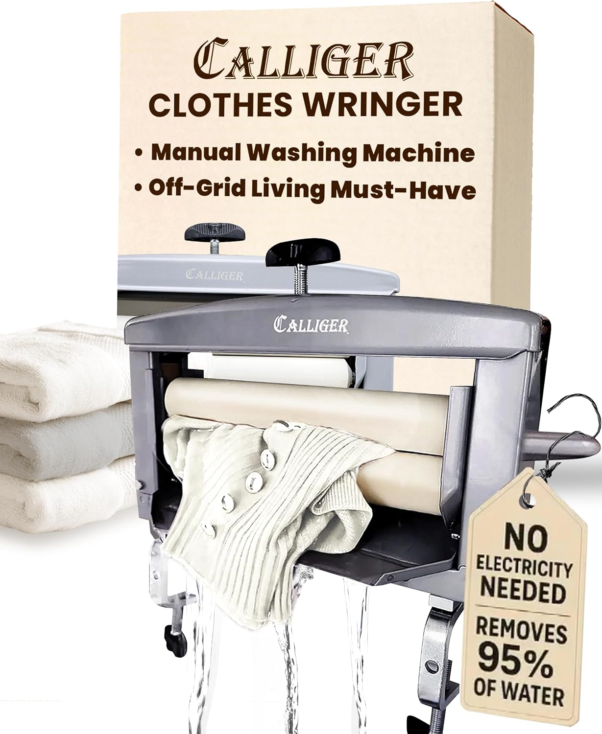 Northwood Calliger Clothes Wringer – Manual Laundry Wringer for Better Moisture Removal Than Portable Washers or Dryers – Heavy‑Duty Off‑Grid Washing Machine Alternative - Gray