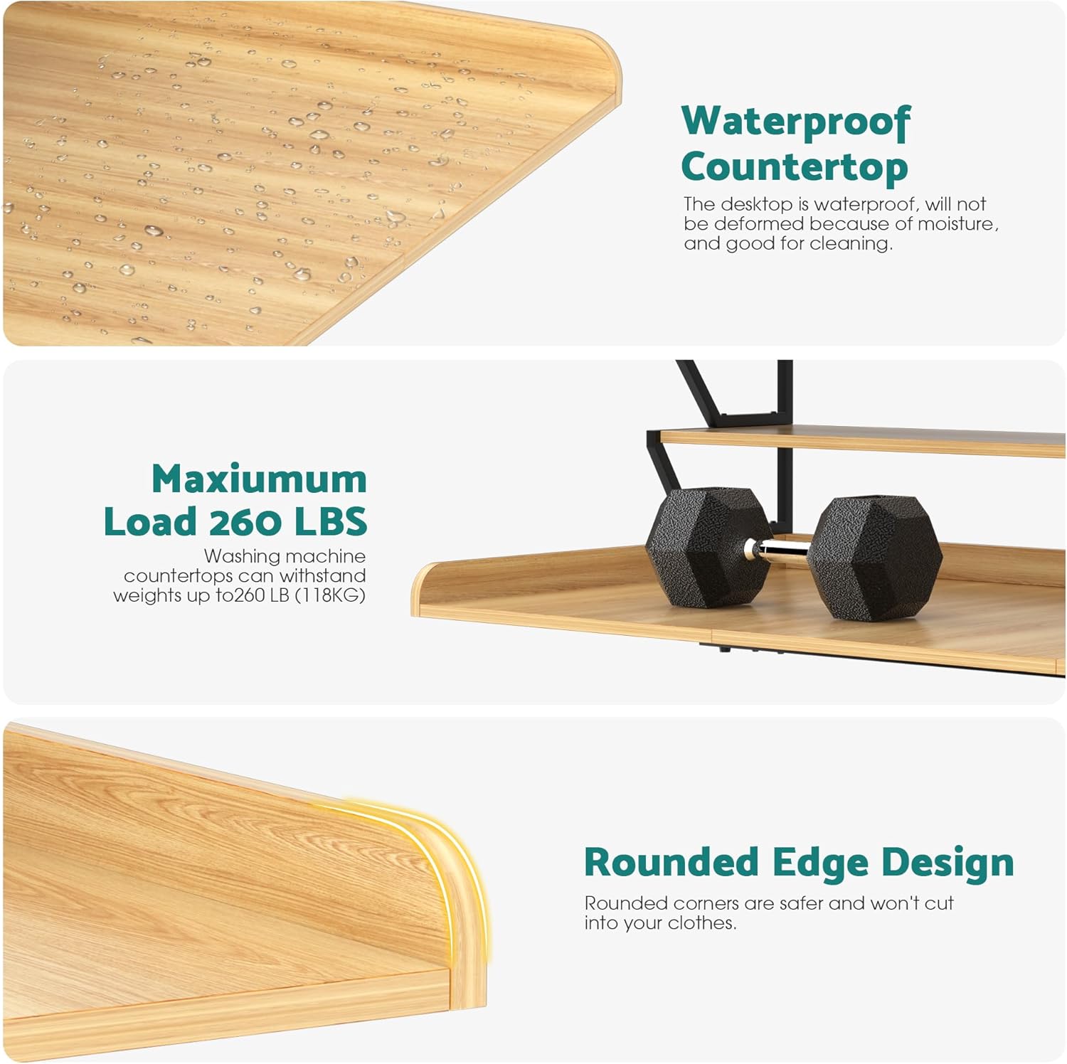 Set Washer Dryer Countertop with Hanging Rod, Laundry Countertop with Wall Shelf for Laundry Room Organization, Washer Dryer Topper with Anti-Slip Pads and Raised Edges Oak