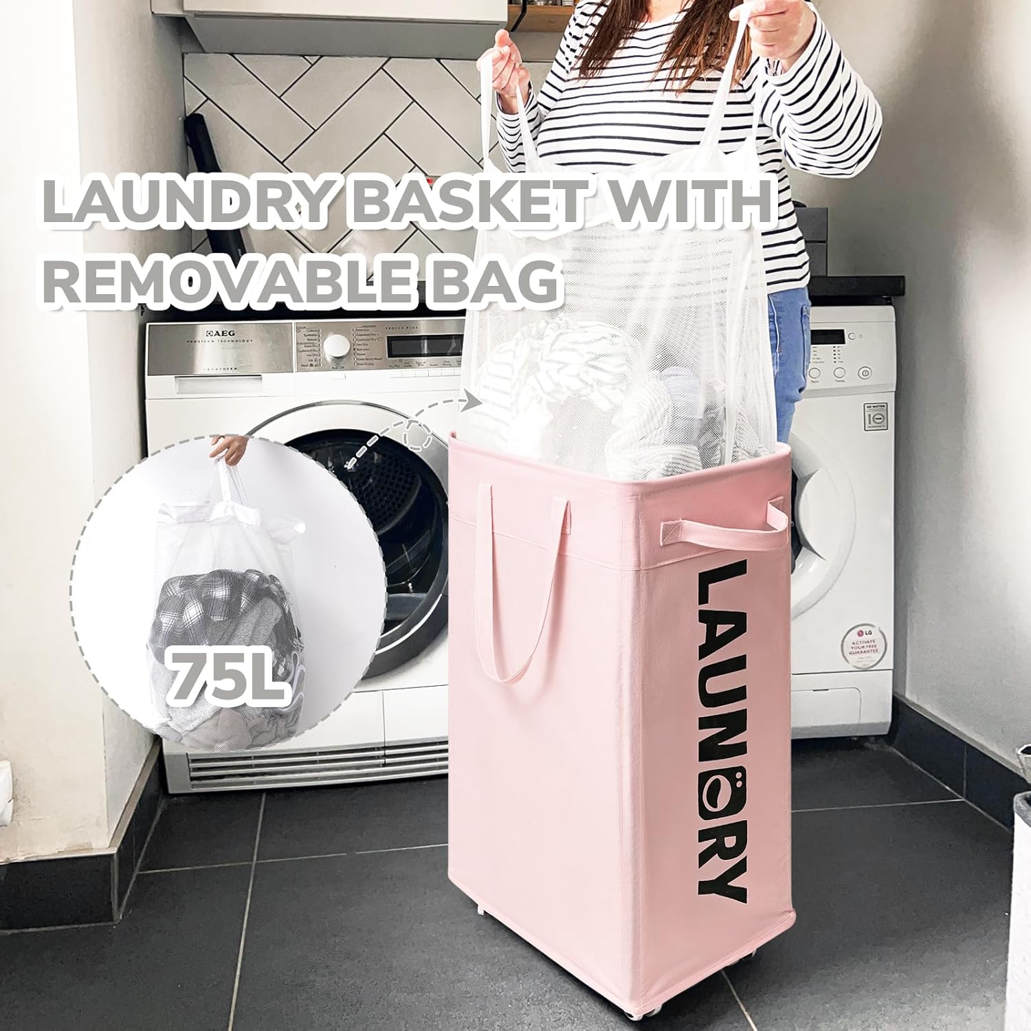 CHICVITA 2-Pack Laundry Hamper with Wheels, 75L Collapsible Laundry Basket with Removable Wash Bags, Pink Laundry Hamper for Corner Dorm, Rolling Laundry Basket on Wheels