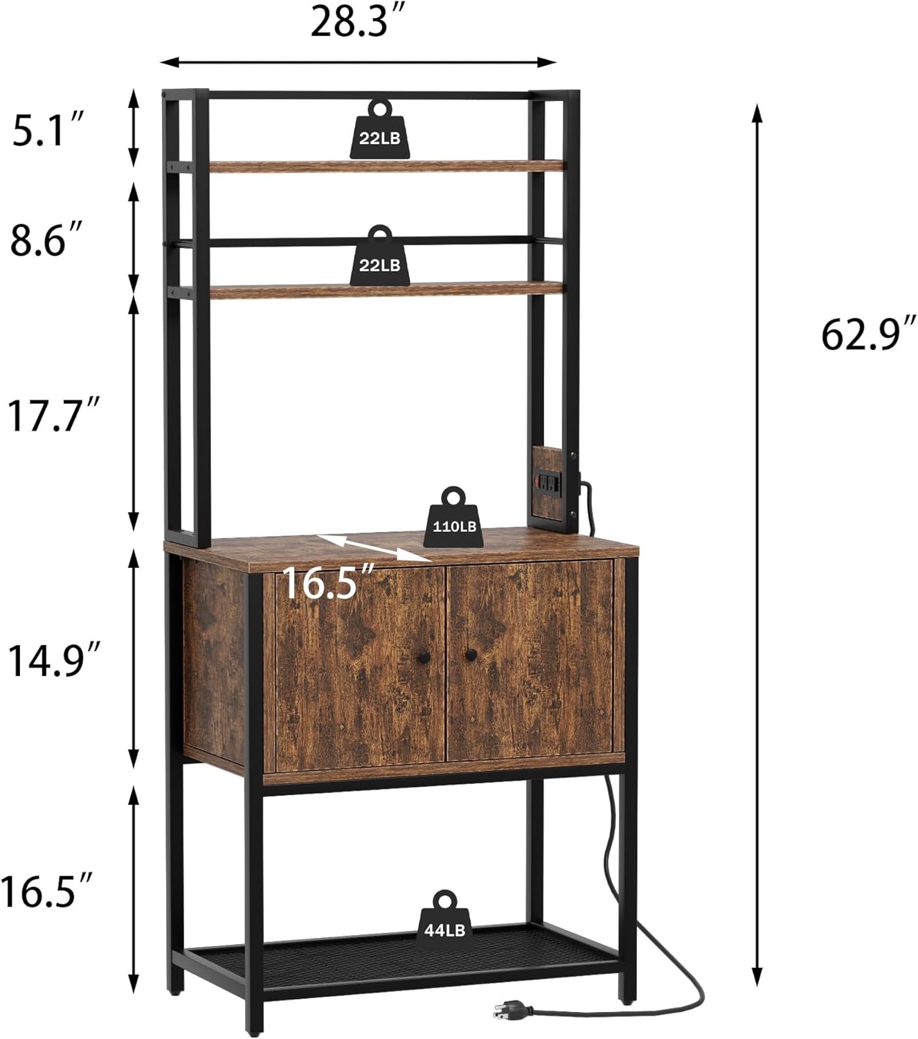 Bakers Rack with Power Outlet, Microwave Oven Stand with Storage，4 Tiers, Coffee Bar Table, Kitchen Storage Shelf Rack for Spices, Pots, Kitchen Dining Room, Rustic Brown