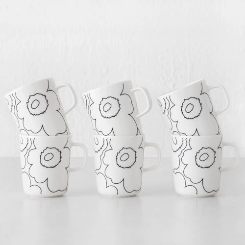 MARIMEKKO Oiva/Unikko Set of 2 White/Black Stoneware Mugs | Oiva/Piirto Unikko Coffee, Tea, Consommé 2-Cups (8.8oz each) Oven Microwave Dishwasher