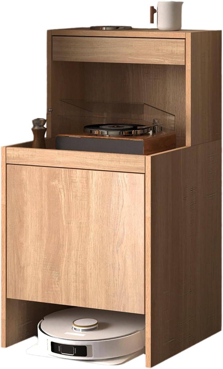 Wooden Robot Vacuum Storage Cabinet Easy Water Change Sweeping Robot Storage Rack Half Hollow Design Nightstand Organizer for Home Office Living Room(Natural)