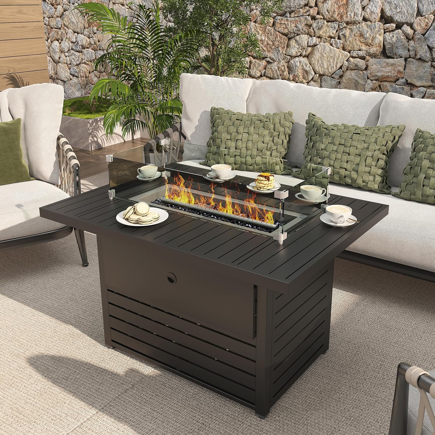 Rectangle Propane Fire Pit Table: 43'' Aluminum Patio Gas Fire Table - 50000 BTU Rustproof Tabletop Firepit Wind Guard Glass Beads - Outdoor Heating Porch Deck Gazebo Backyard Garden - Dark Gray