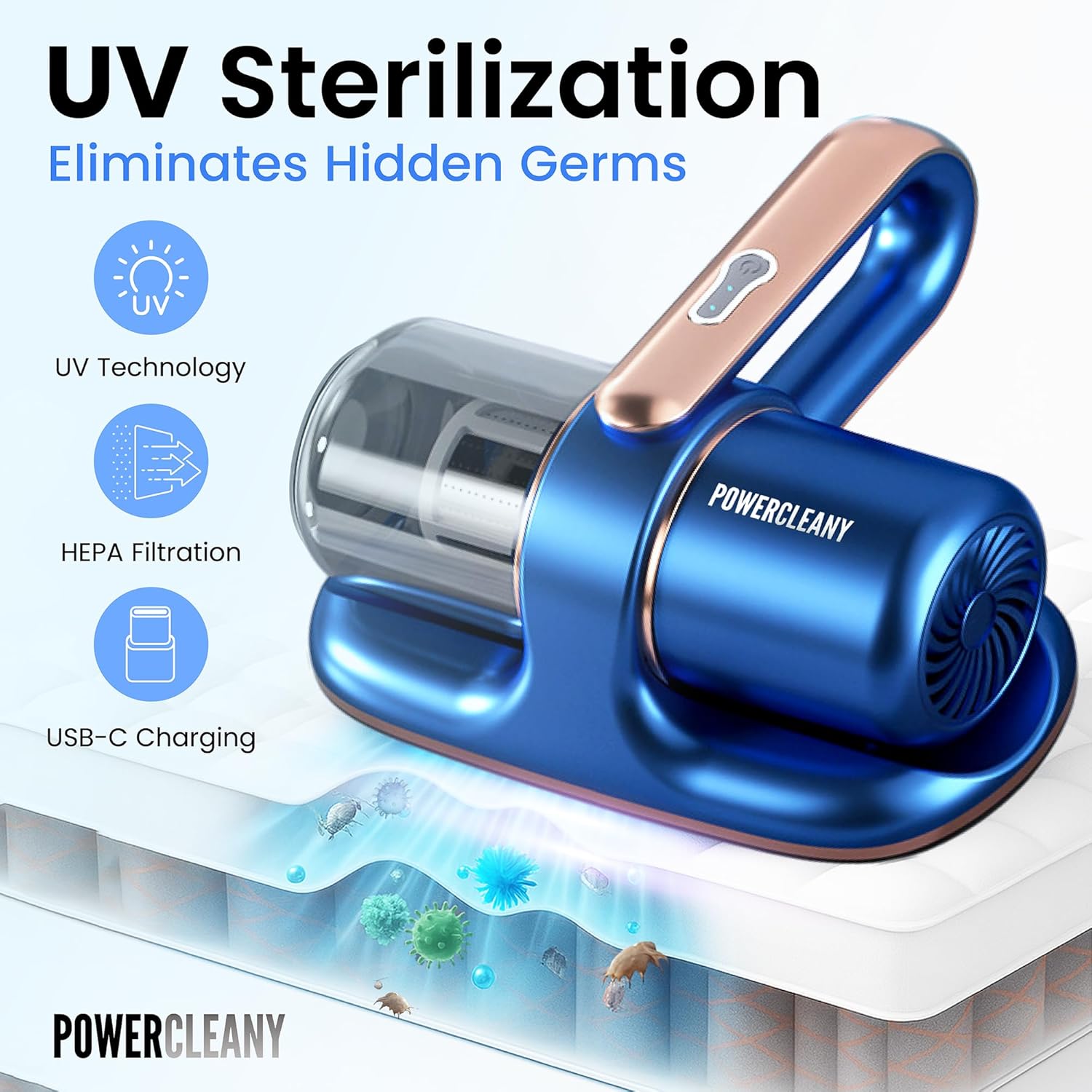 Cordless Mattress Vacuum Cleaner with UV Light, 13KPa Handheld Bed and Sofa Vacuum for Upholstery, HEPA Filter, Ideal for Couches, Cribs, and Furniture, Bed Cleaner, (Blue)