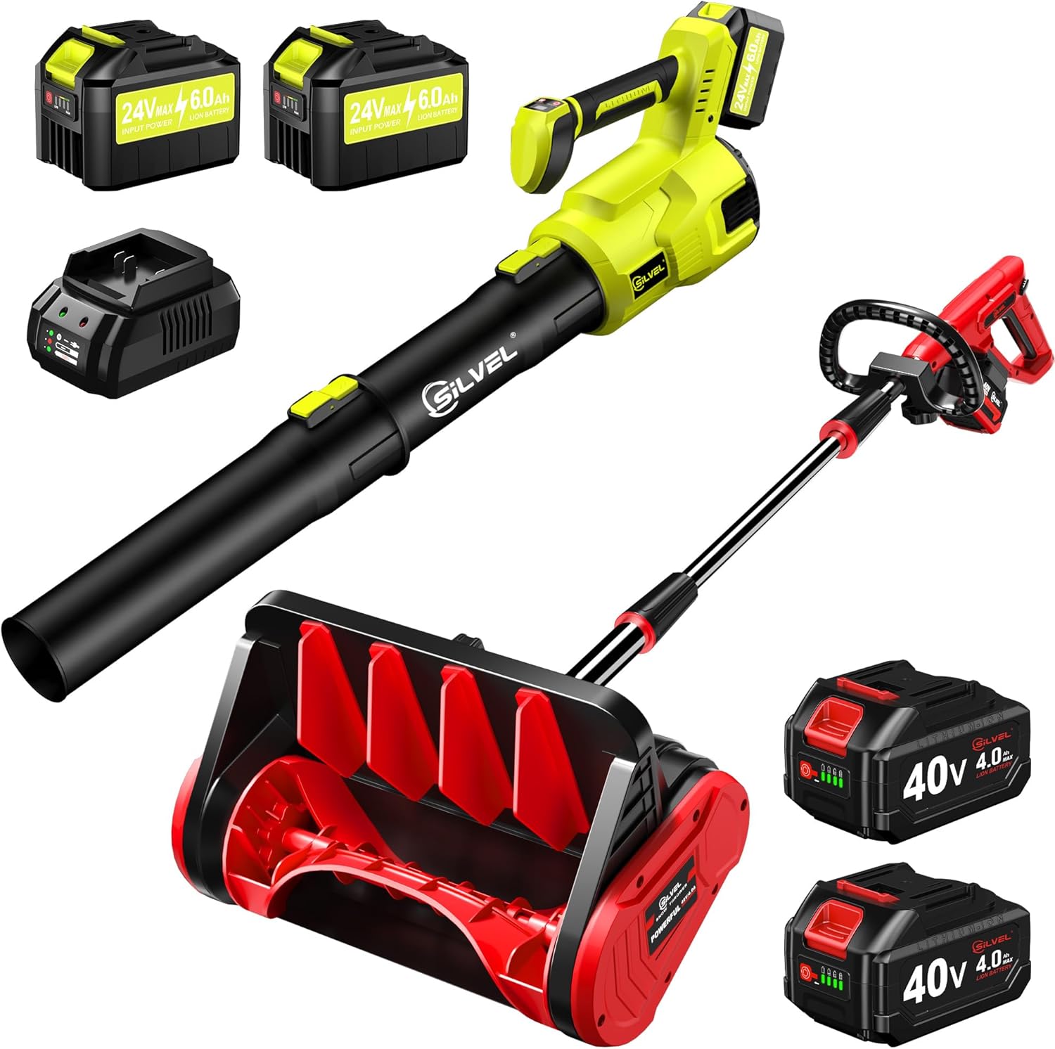 SILVEL 40V 13-Inch Brushless Cordless Snow Shovel + 24V 750CFM (250MPH) Brushless Cordless Leaf Blower, 2x4.0Ah Battery Snow Thrower & 2x6.0Ah Battery Electric Blower, Quick Charger