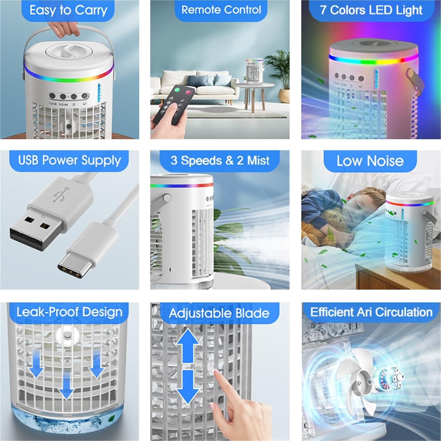 Portable Air Conditioner, Portable Air Cooler Cooling Fan Air Conditioner Fan With 7 Colors Light USB Powered,Desktop Fan for Home Outdoors