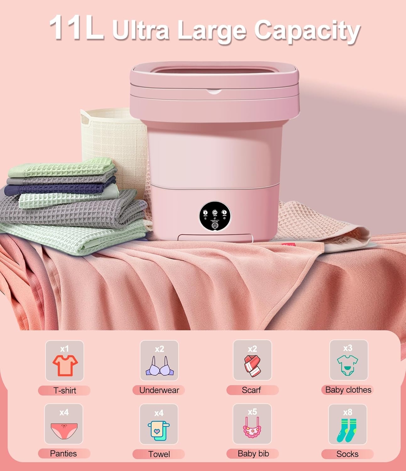 Mini Washing Machine 11L, Portable Washing Machine 3 Modes Deep Cleaning for Underwear, Baby Clothes or Socks, Mini Portable Washer Suitable for Apartments, Dorm, Camping, RV, Travel Laundry(Pink)