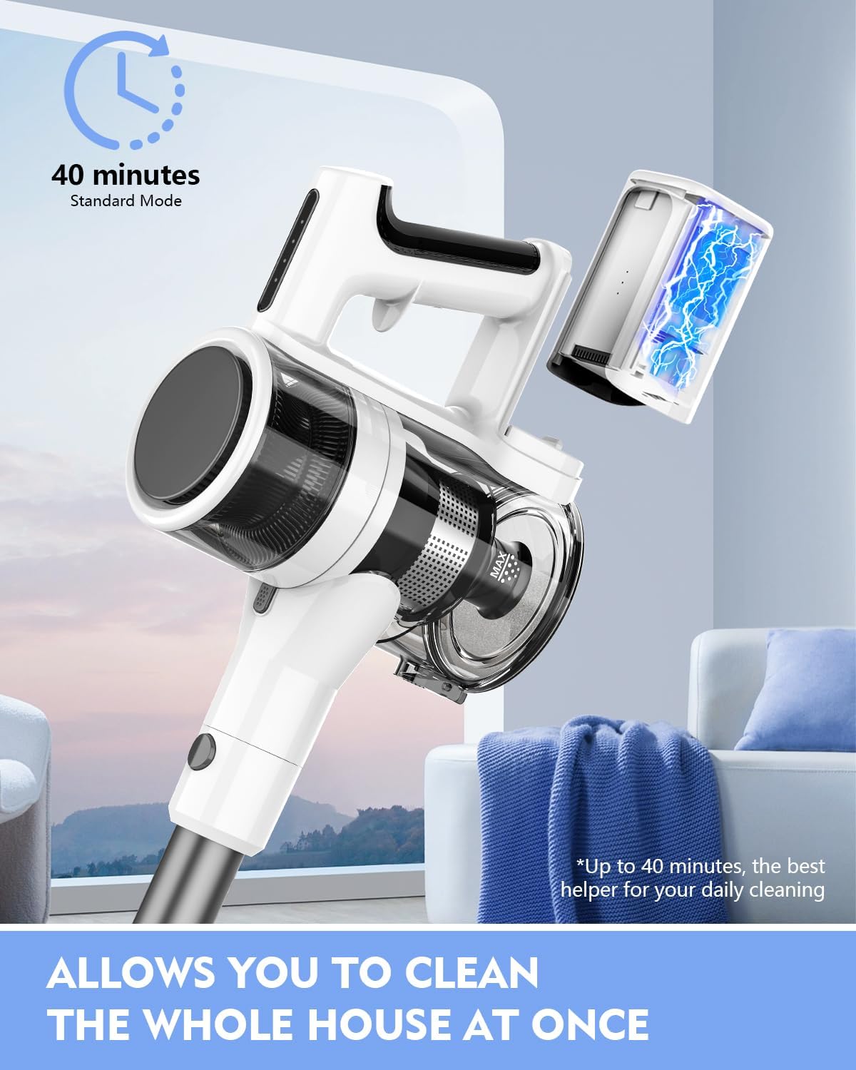 Cordless Vacuums, 80,000PRM Powerful Motor Vacuum Cleaner and 2200mAH Rechargeable Battery up to 35 Mins Worktime, 2 Adjustable Modes, Detachable Parts, Wireless Stick Vacuum (Tea White)