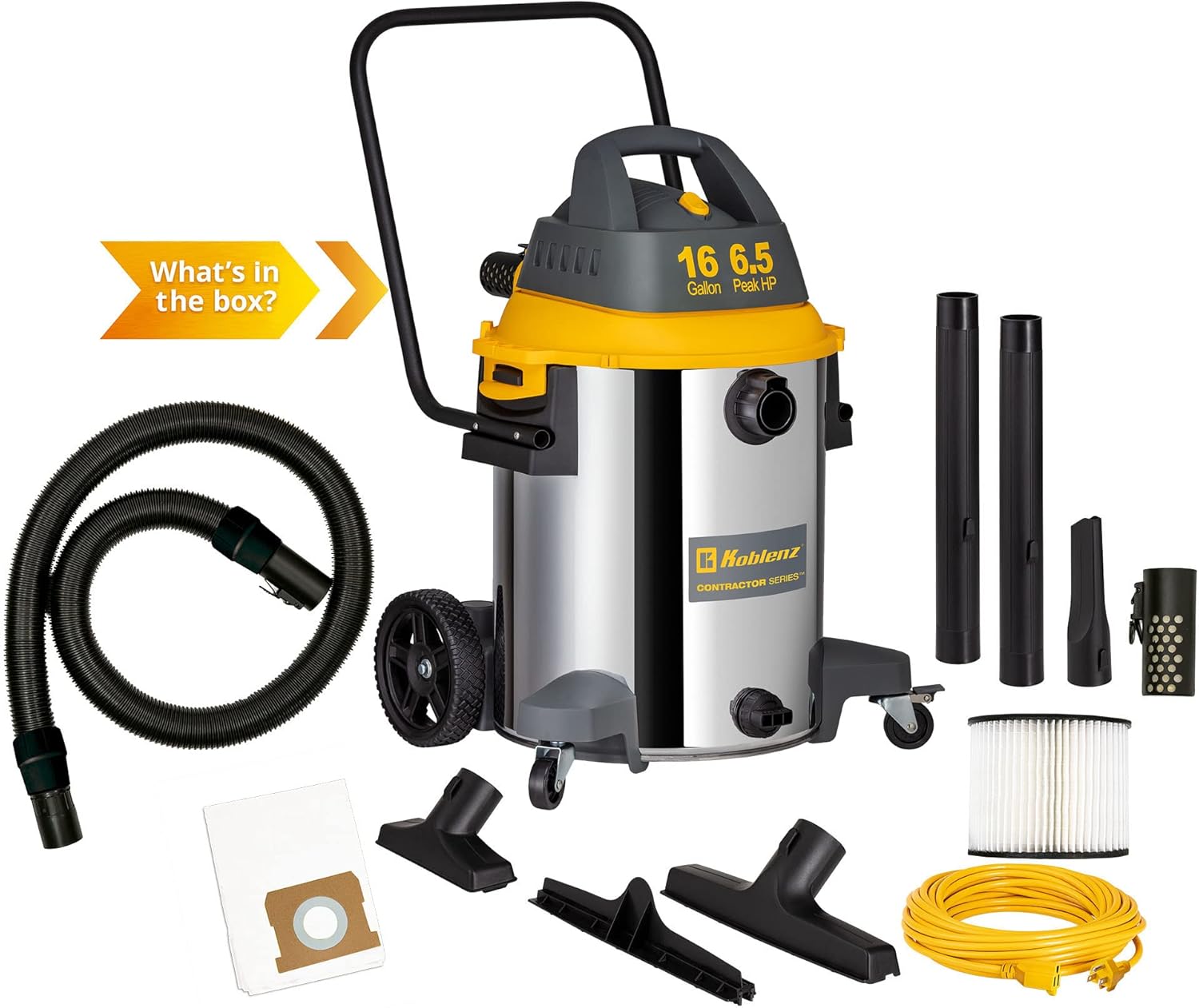 Koblenz Contractor Wet Dry Vacuum Cleaner, Stainless Steel Vacuum with Quiet Motor, 16 Gallon/6.5 HP Powerful Vacuum, Jobsite Vacuum with Pull Handle, Accessories Included, Gray+Yellow