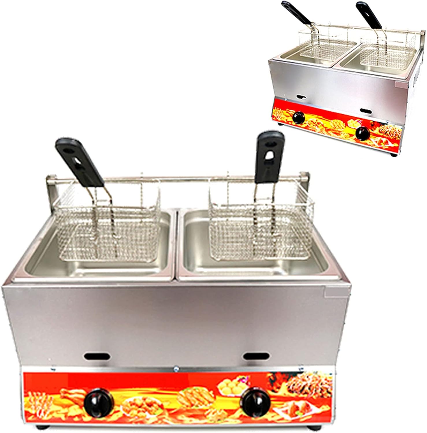 Stainless Steel Countertop Gas Fryer, Commercial Professional Deep Fryer, 22L Large Capacity, with Removable Baskets and Lid, Adjustable Firepower, for Restaura（Natural Gas）