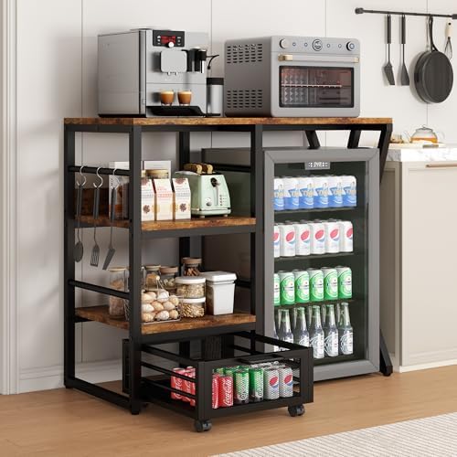 Kitchen Bakers Rack with Movable Basket, Coffee Bar Cabinet with Mini Fridge Space, Beverage & Wine Fridge Stand, Kitchen Storage Organizer with Worktop, Microwave Oven Stand for Home, Dorm, Office