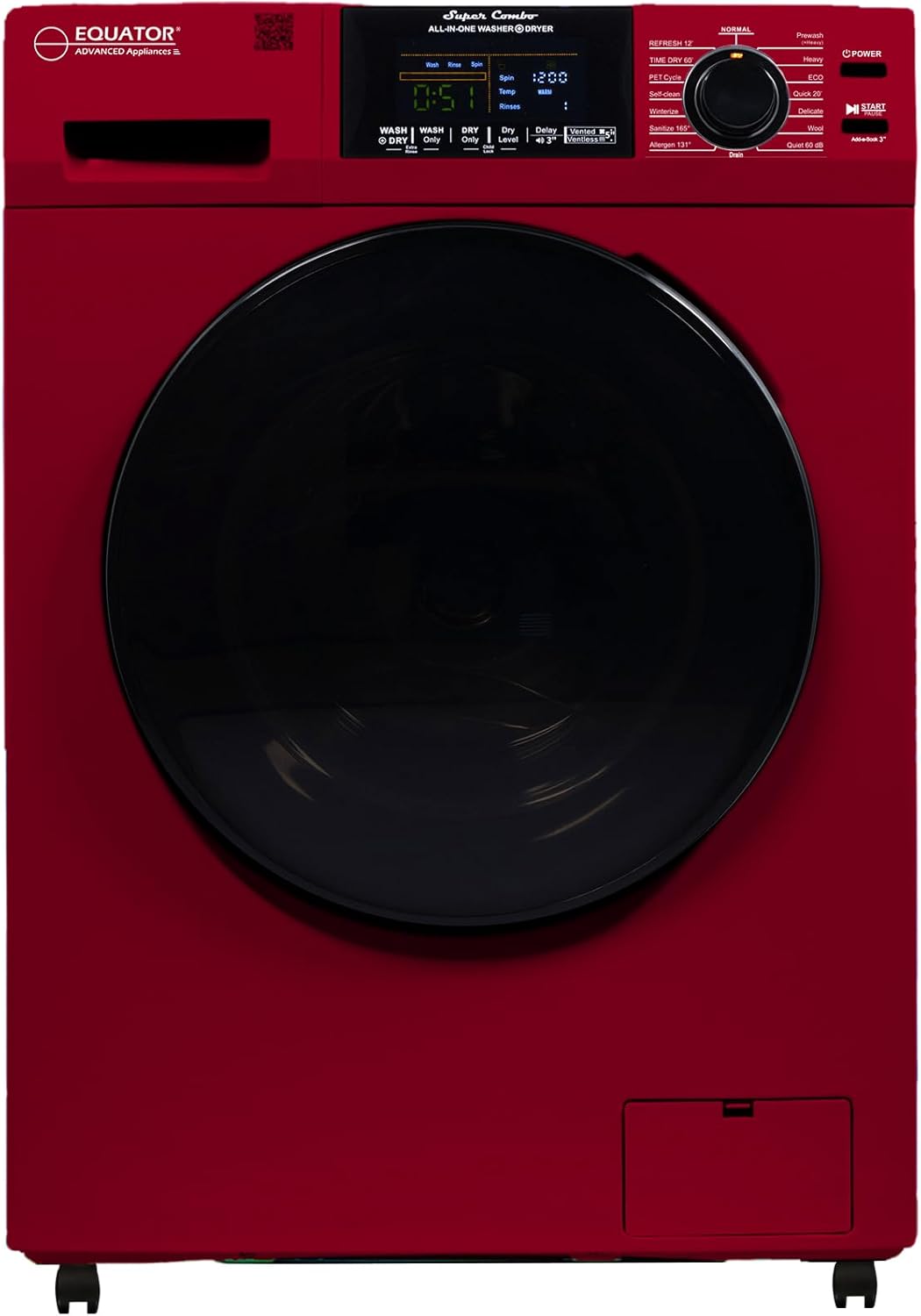 Equator All-in-One Washer Dryer VENTLESS/VENTED PET cycle 1.62cf/15lbs+Portability Kit in White (MERLOT)