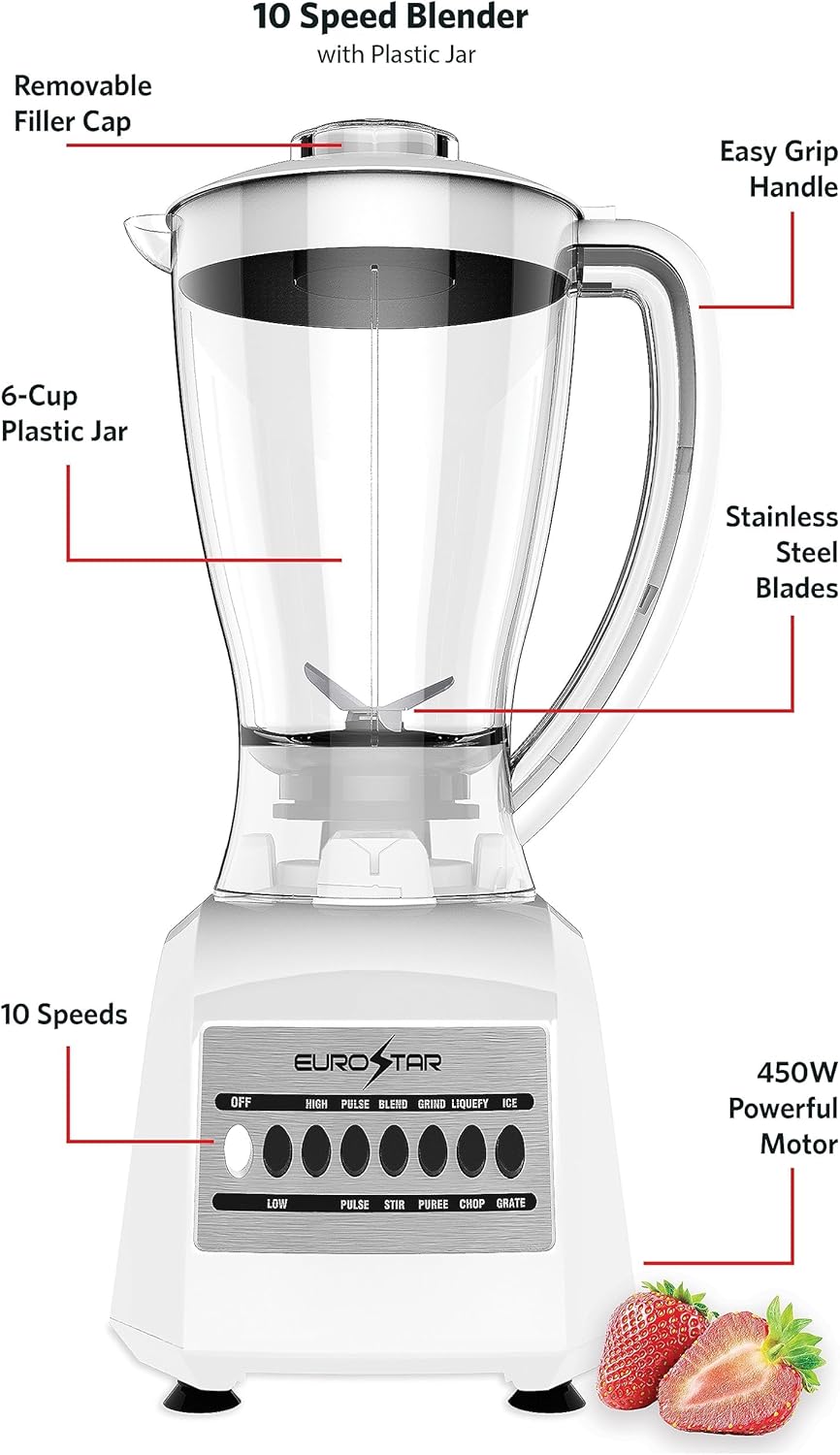 EUROSTAR EBL820WH 450W 10-Speed Plastic Jar Blender, White