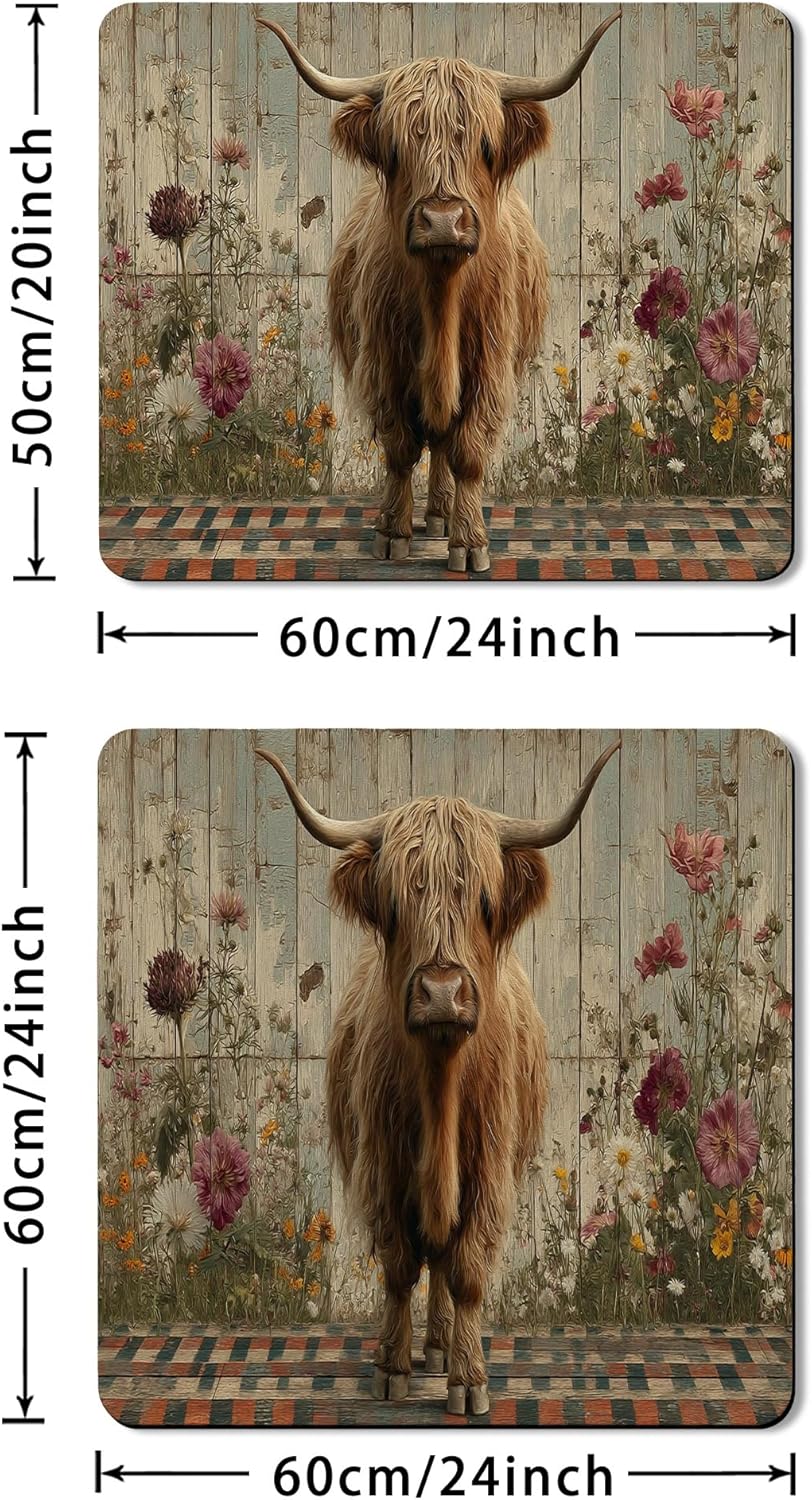 Highland Cow Washer Dryer Top Protector Mat, Vintage Rustic Floral Laundry Machine Dust Cover, Autumn Rubber Anti-slip Waterproof Mats for Home 20x24 Inch