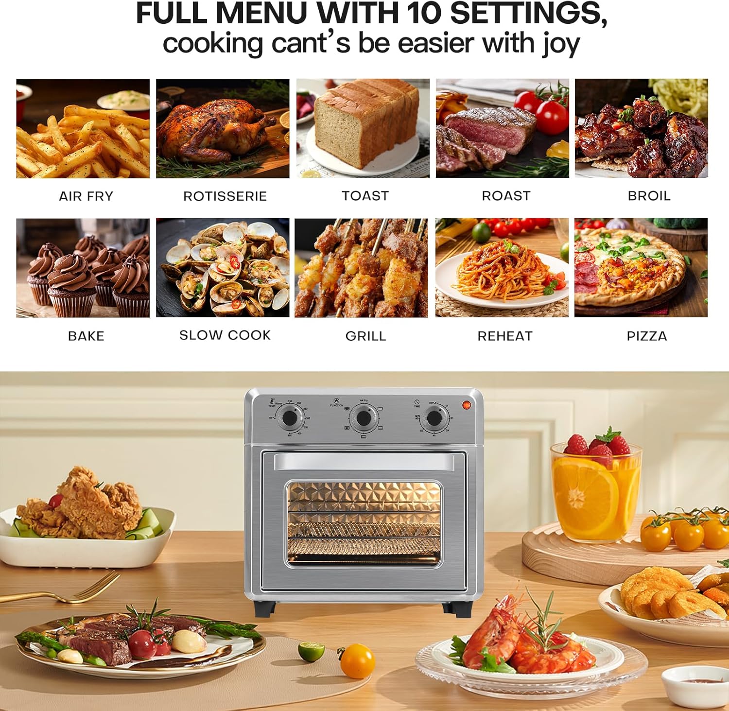 Panana Compact Airfryer Toaster Oven, 1400W 21QT with 6-in-1 Multifunctions and Wide Temperature Range, Air Fryer Oven with 60-Minute Timer/Auto-Off, Stainless Steel Countertop Oven (Silver)