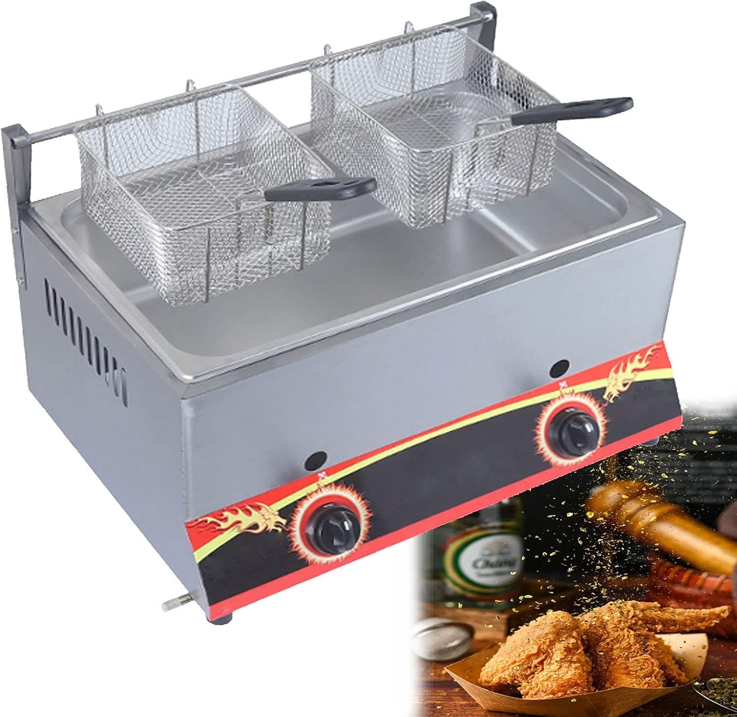 Large Capacity Gas Fryer Stainless Steel Home CommercialFryer Adjustable Firepower With Baskets And Lids For Fries Donuts Fish Easy To Clean (Natural Gas 22L)