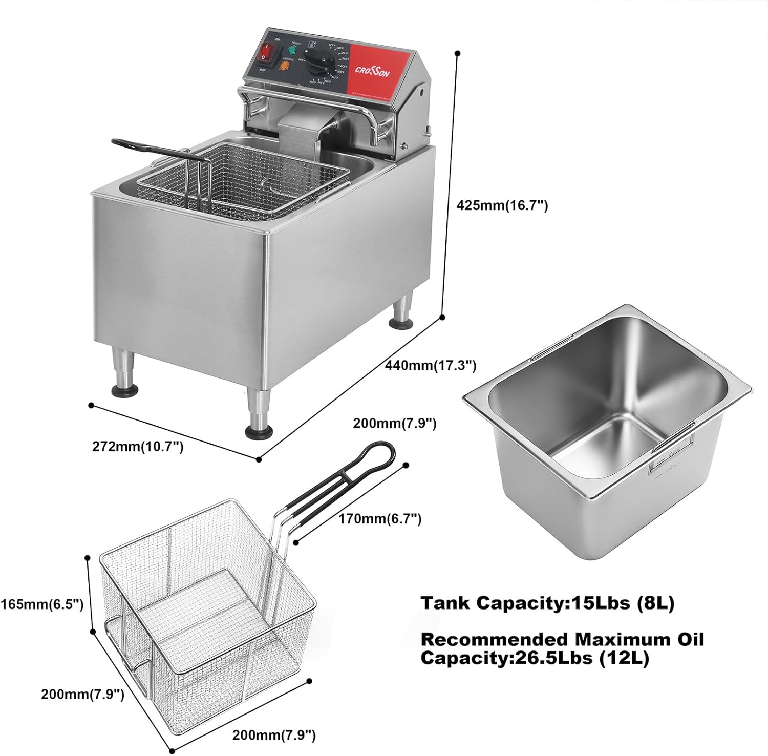 CROSSON ETL Listed 15Lbs Electric Deep Fryer with No-Assembling-Needed Solid Basket,Lid and Height Adjustable Legs for Restaurant Use,120V/1800W Commercial 8L Countertop Deep Fryer