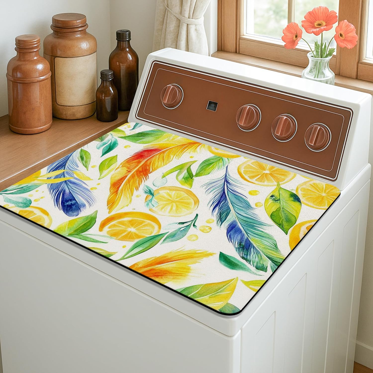 Lemon Feather Washer Dryer Top Protector Mat, Vibrant Tropical Watercolor Laundry Machine Covers, Summer Floral Rubber Anti-slip Waterproof Mats for Laundry Room 20x24 Inch