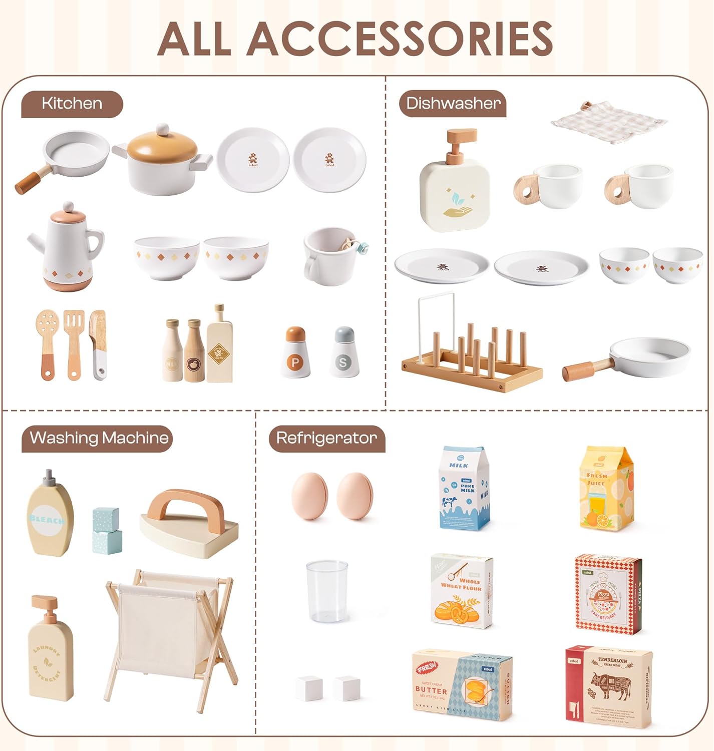 ROBUD Wooden Play Kitchen, 4-in-1 Kids Kitchen Playset with Fridge, Washing Machine, Dishwasher, Toddlers Role Play Kitchen Set Gift for Boys & Girls, Age 3+ (Caramel)