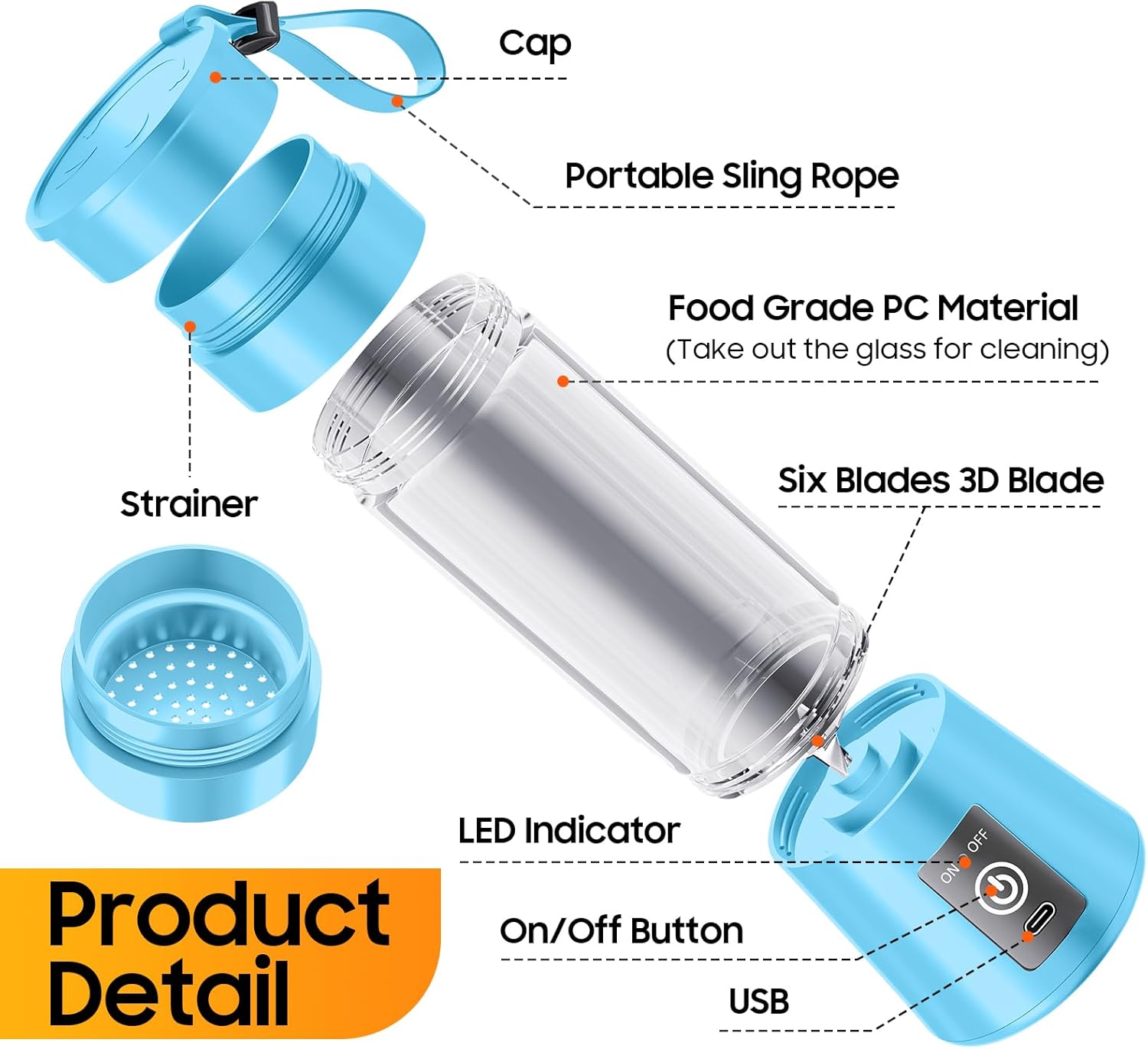 Portable Personal Size Smoothies Blender - Upgraded 6 Blades Cordless Blender with 380Ml Juice Cup & USB Rechargeable, Convenient for Travel Sports Picnic