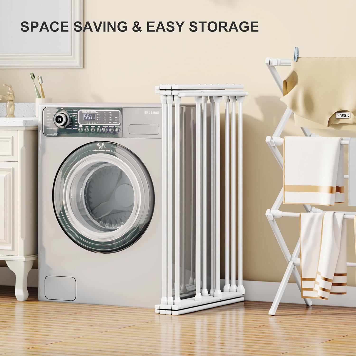 Homeiju Foldable Clothes Drying Rack for Laundry, Heavy Duty Drying Rack Clothing, Collapsible Folding Laundry Dryer, Easy Assembly, Space Saving Household Indoor Outdoor Use, White