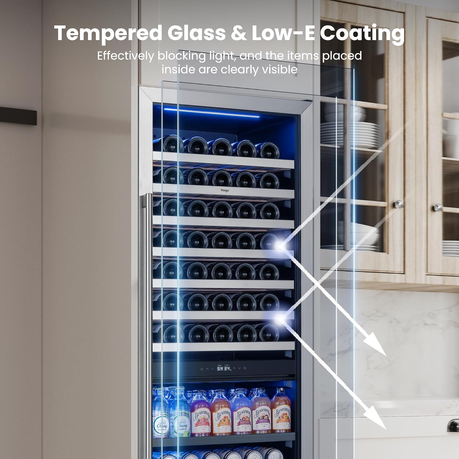Yeego 24 Inch Wine Fridge – Wine and Beverage Cooler 34°F-65°F, 304 Stainless Steel Glass Door Lock, Temp Memory Blue & White LED Built-in Fridge with Adjustable Shelves (182 Can+77 Bottle)