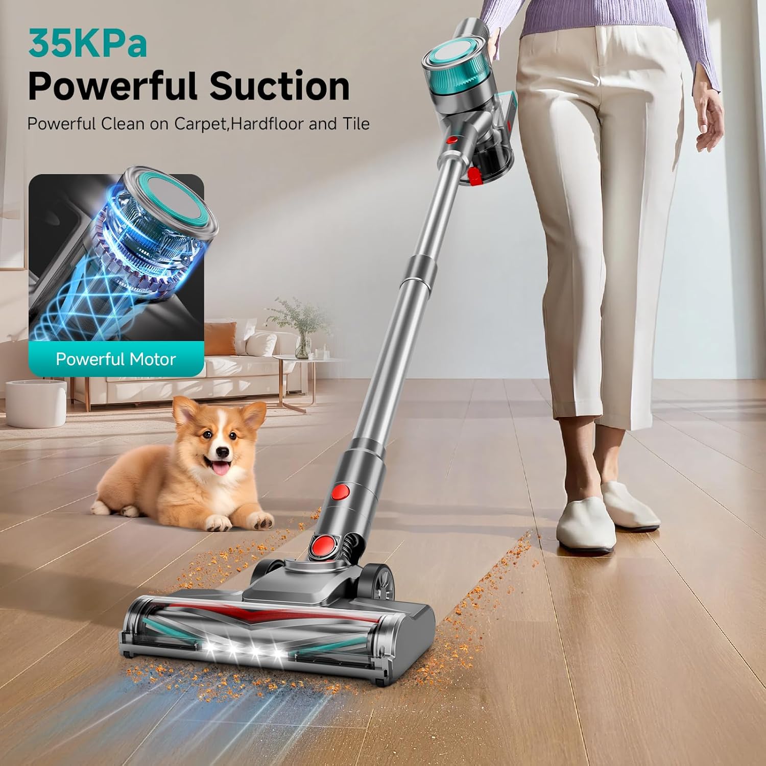 Cordless Vacuum Cleaner, Powerful Stick Vacuum Cleaner for Home with Rechargeable Battery, 6-in-1 Lightweight Handheld Vacuum, 45 Mins Runtime for Hardfloor & Carpets Pet Hair (Green)