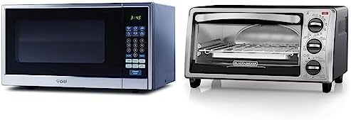 Commercial Chef Countertop Microwave, 1.1 Cubic Feet, Black With Stainless Steel Trim & BLACK+DECKER 4-Slice Convection Oven, Stainless Steel, Curved Interior fits a 9 inch Pizza, TO1313SBD