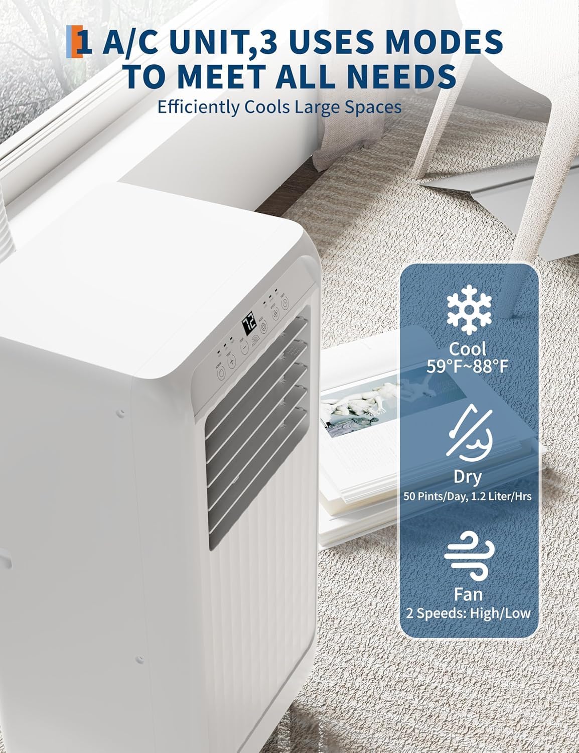8000 BTU Portable Air Conditioner, Cools Up to 350 Sq. Ft, 3-In-1 Room Air Conditioner With Dehumidifier & Fan, Sleep Mode, Easy Install Kit for Home