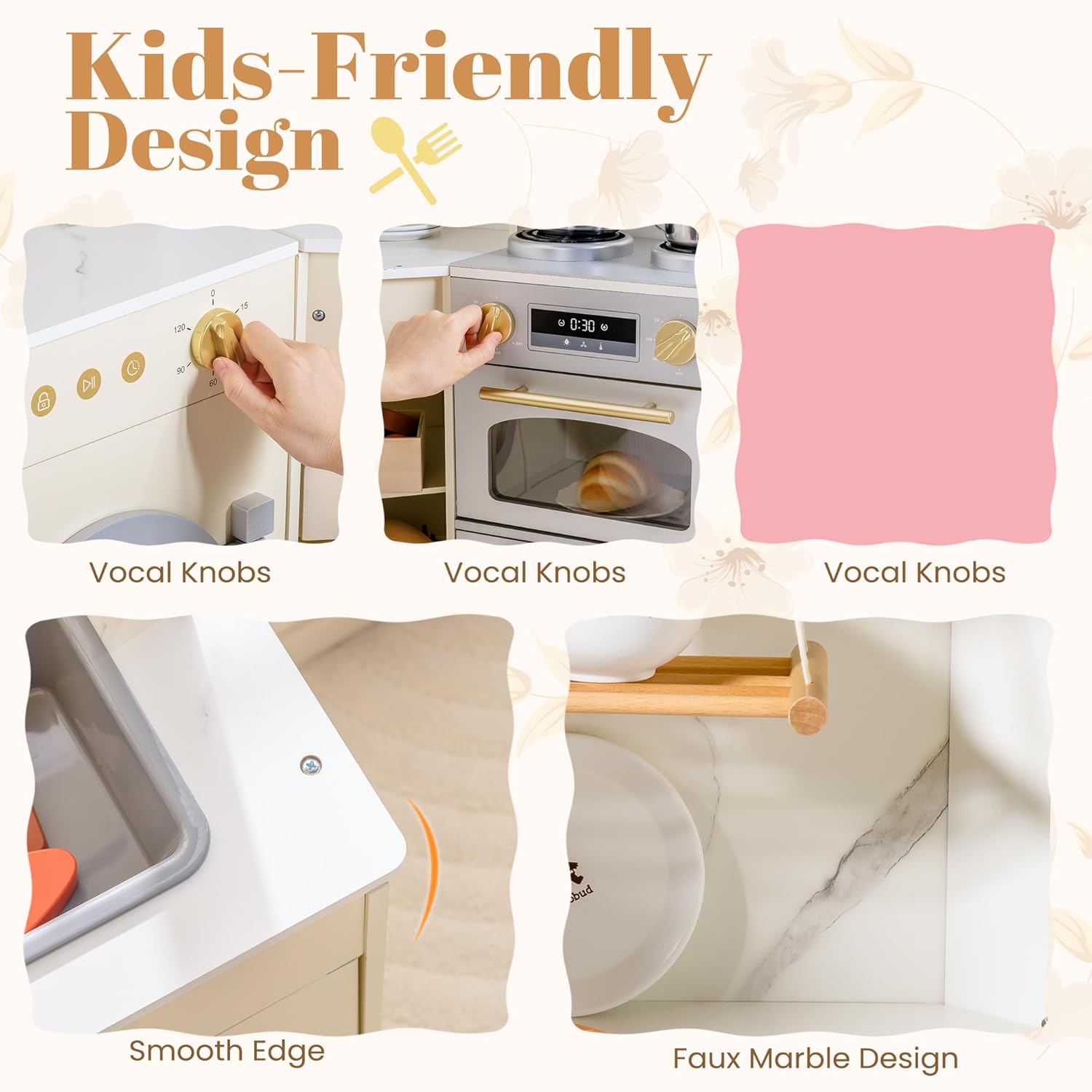 ROBOTIME Kids Kitchen Playset, Corner Wooden Play Kitchen with Fridge, Oven, Sink, Microwave & Washer, Realistic Lights & Sounds, Toddler Wooden Kitchen Toy Gift for Boys & Girls Ages 3+