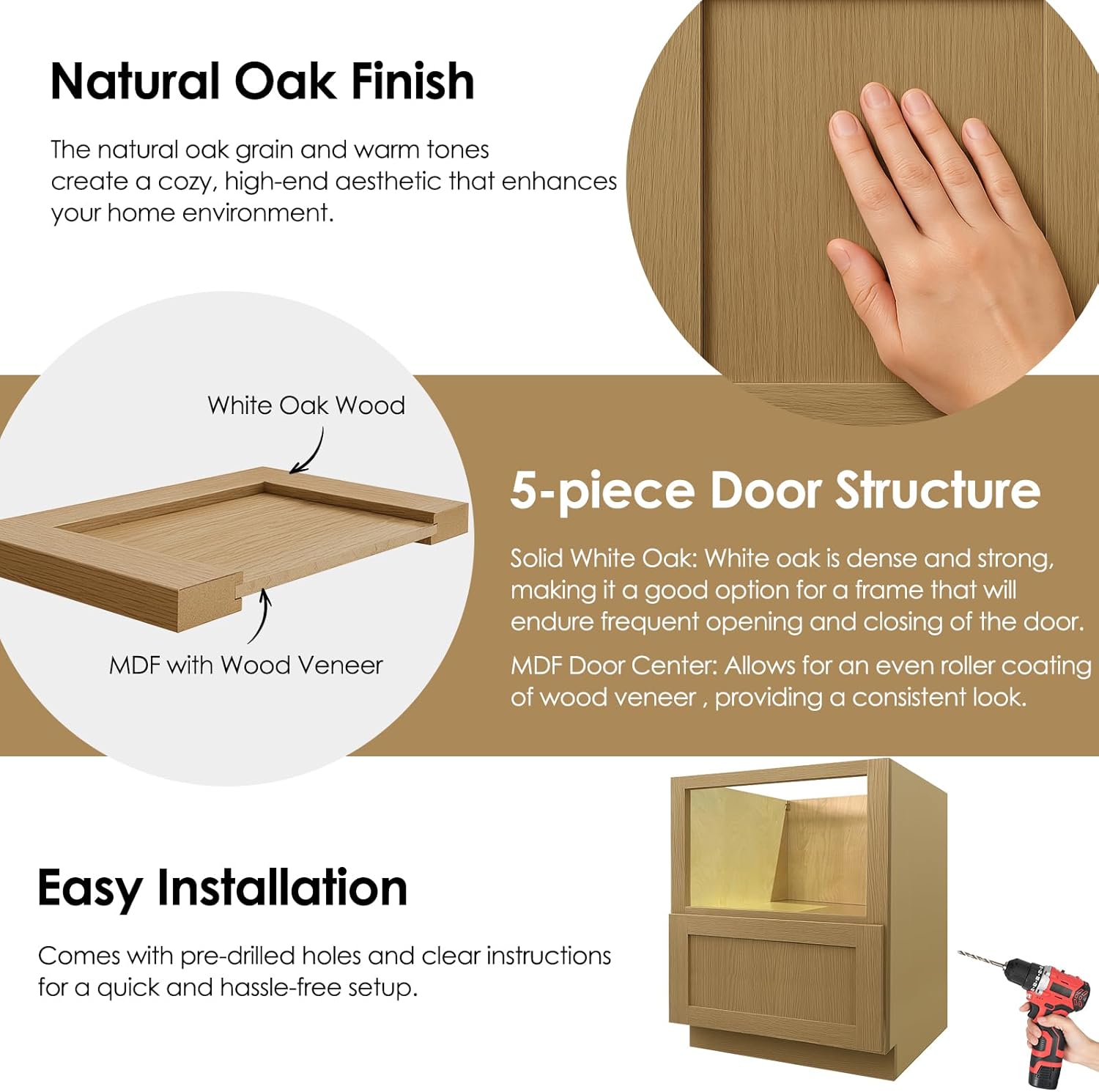 Base Microwave Cabinets, Microwave Oven Cabinet with 1 Soft Close Full Extension Drawer, Open Shelves Cabinet, White Oak and MDF, Unassembled for Kitchen, Kitchen Island, 30