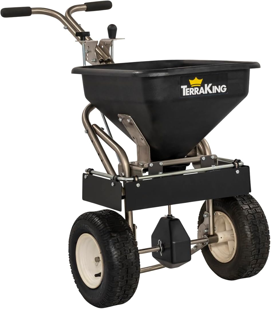 70 lb Capacity Commercial Push Spreader, Commercial Applications of Rock Salt, Ice melt, Fertilizer, Grass Seed, TerraKing