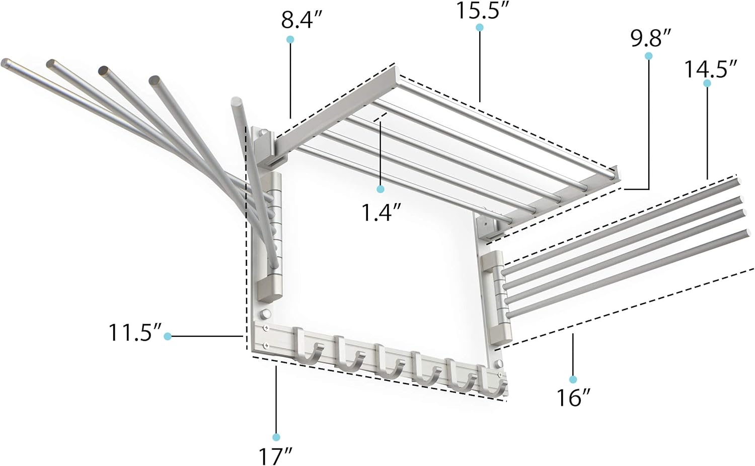 brightmaison BGT Wash Clothes Drying Rack Wall Mount Laundry Room Organizer with Hooks & Swing Arms, 17