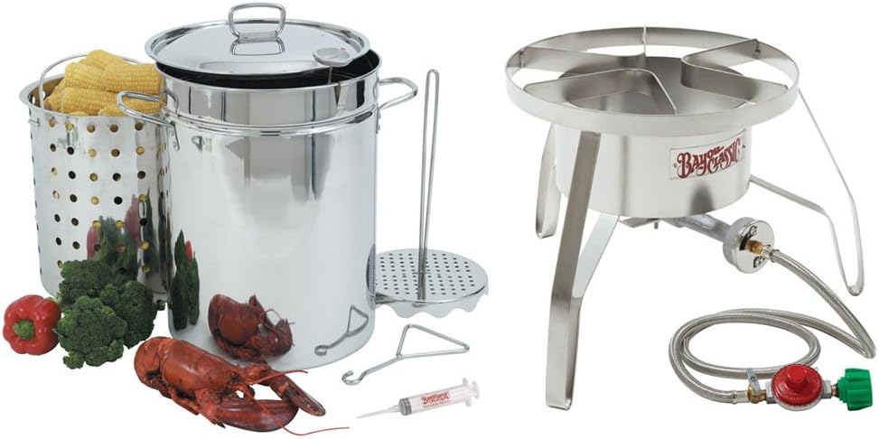 Bayou Classic Stainless Steel Turkey Fryer Kit ~ 32 Quart Turkey Fryer Pot - High Pressure Patio Stove with Windscreen