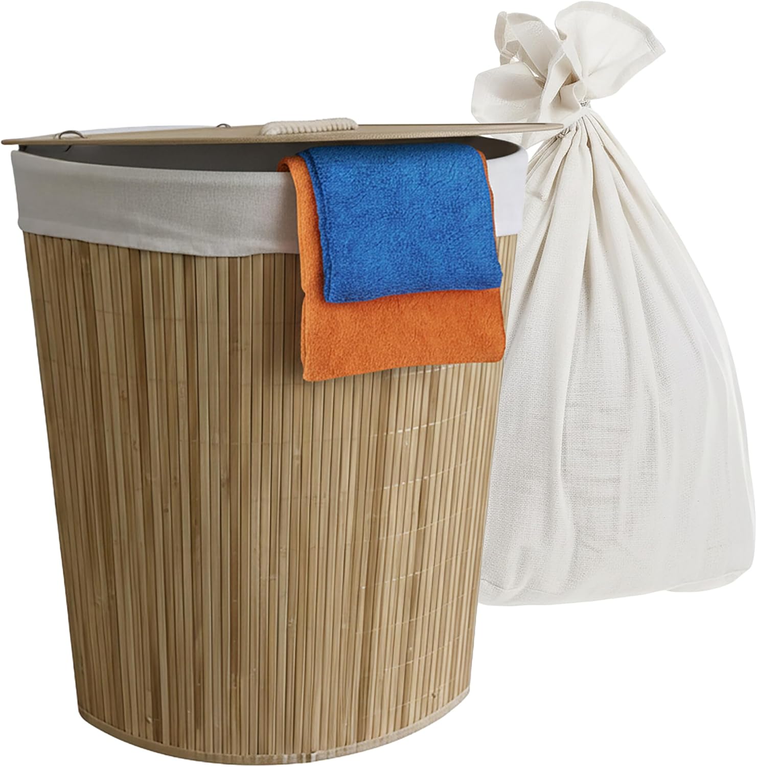 Relaxdays Corner Laundry Basket with Lid, Bamboo, 80 L, Foldable Laundry Hamper, H x W x D: 60 x 36 x 36 cm, Laundry Basket Corner, Natural