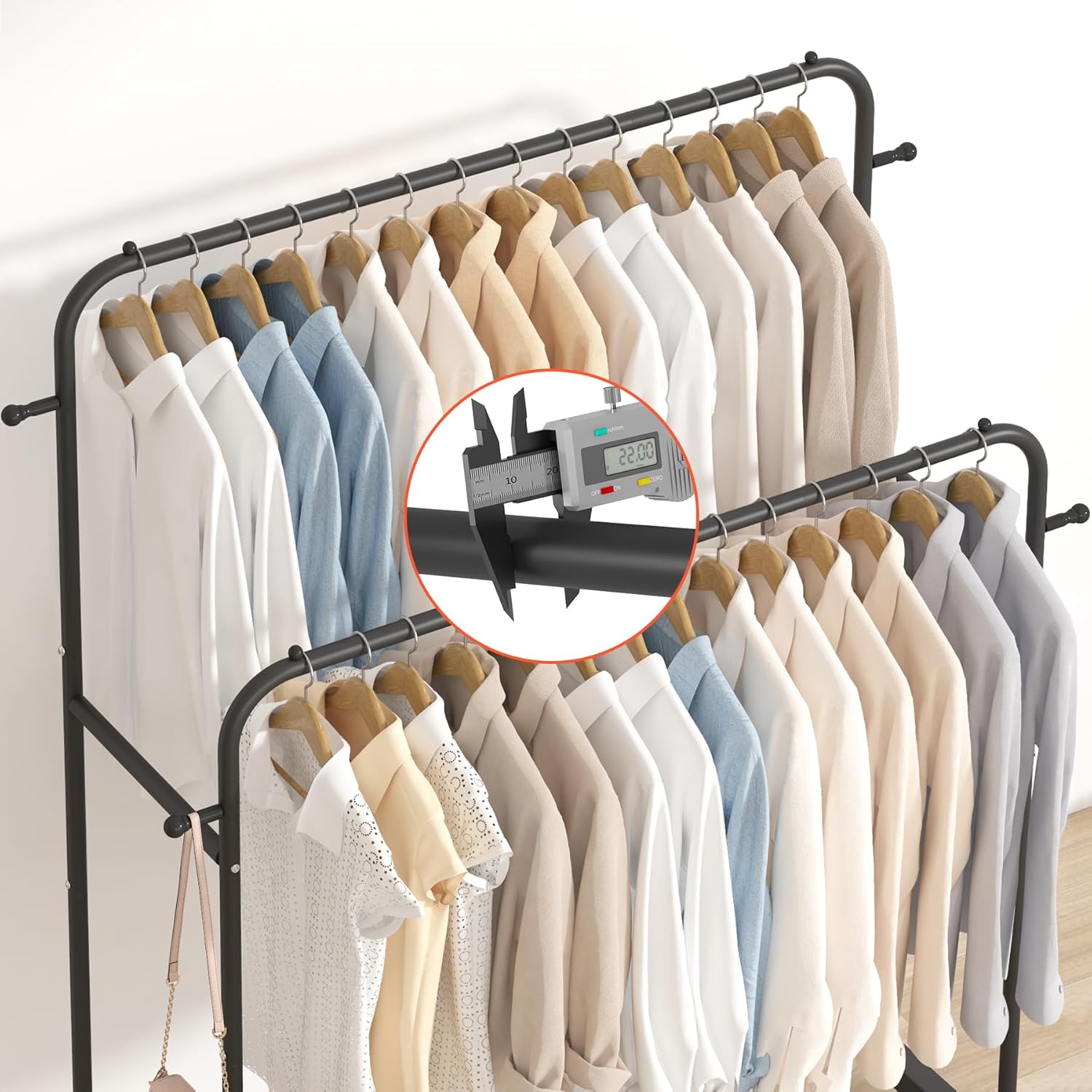 Laiensia Double Rods Garment Rack with Wheels, Clothing Rack for Hanging Clothes,4 Hooks, Multi-functional Bedroom Clothes Rack, Black