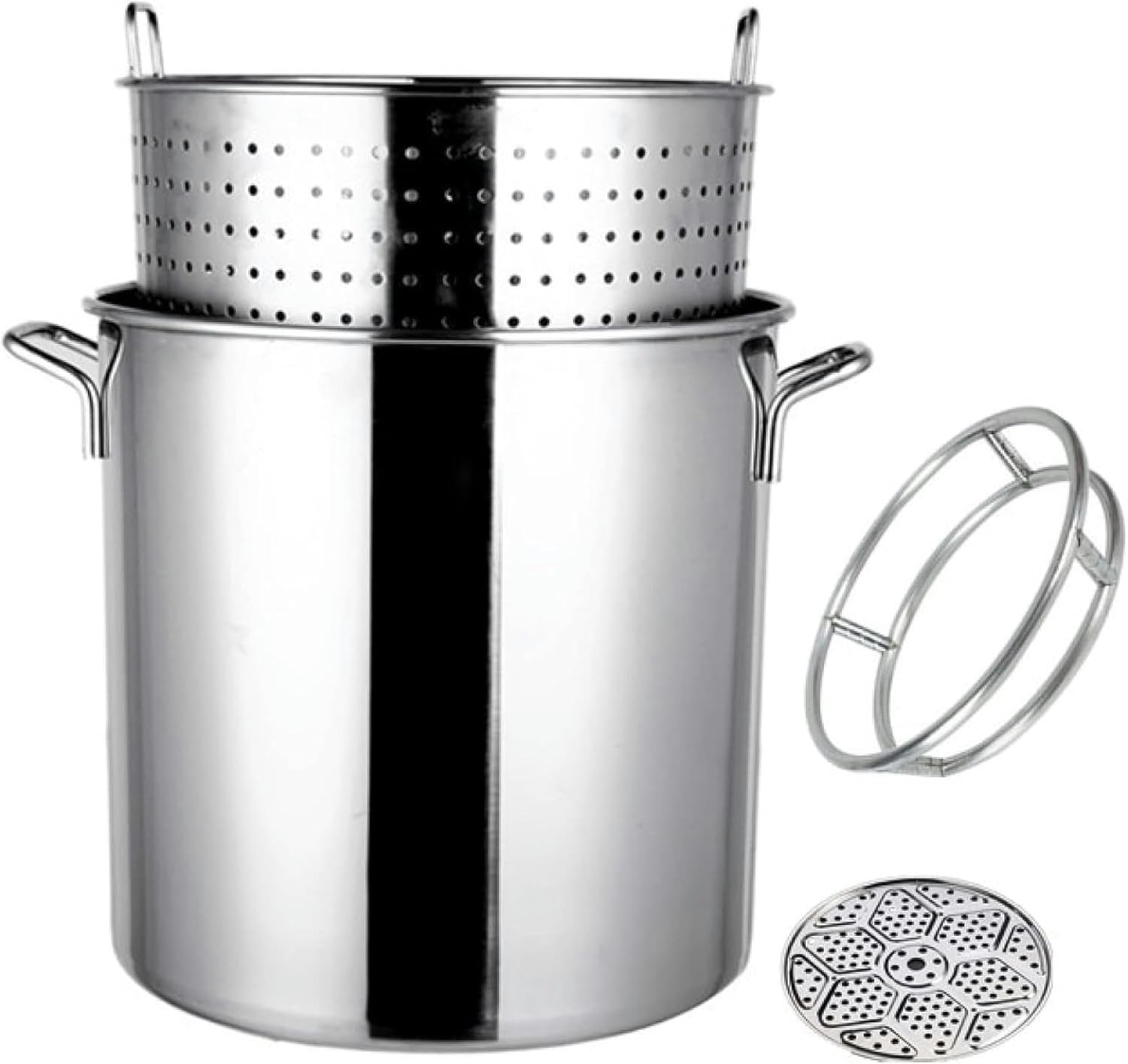 5-Piece Stainless Steel Stockpot Set - 27Qt/45Qt/63Qt Large Crawfish Seafood Boiler & Deep Turkey Fryer with Strainer, Pot Holders & Non-Stick Steamer Sheets for Outdoor Cooking